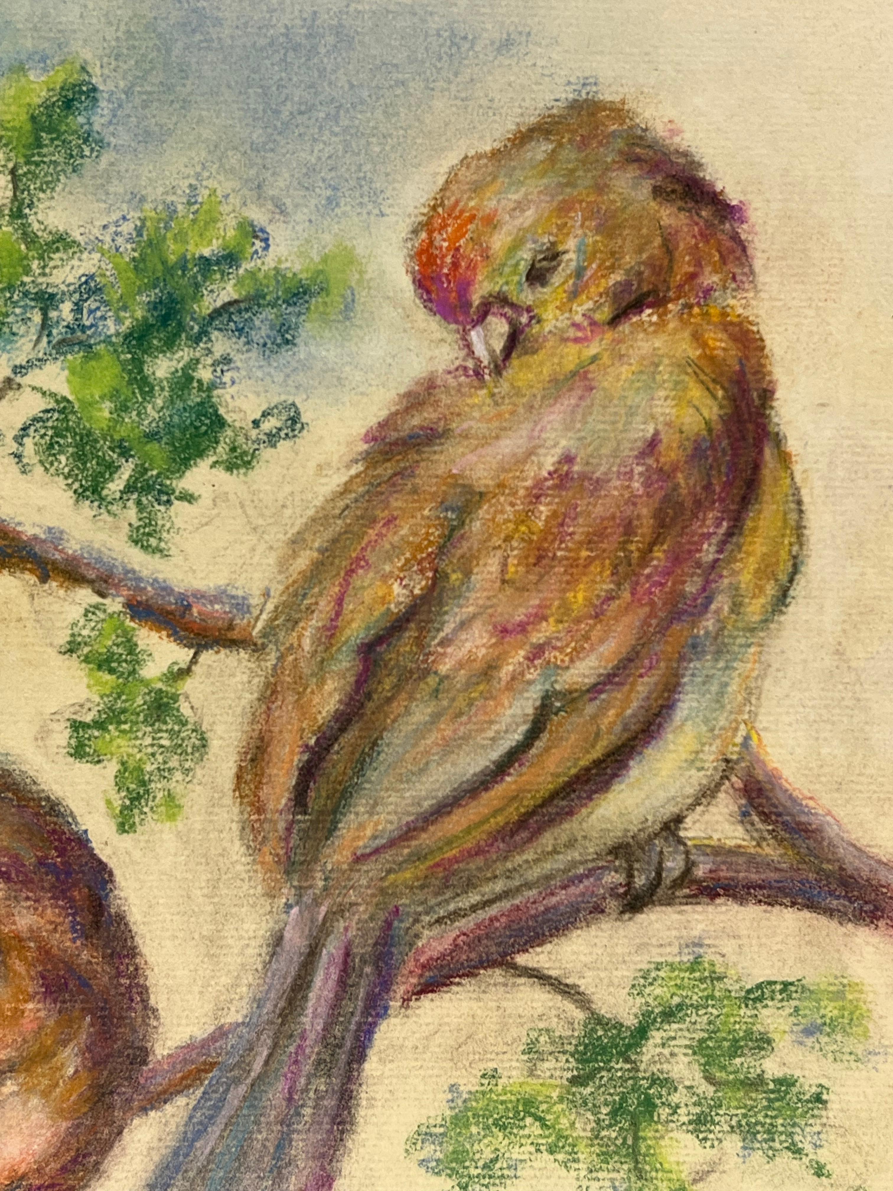 Mid 20th Century A Pastel Study of Two Birds in Springtime - Post-Impressionist Painting by Regine David