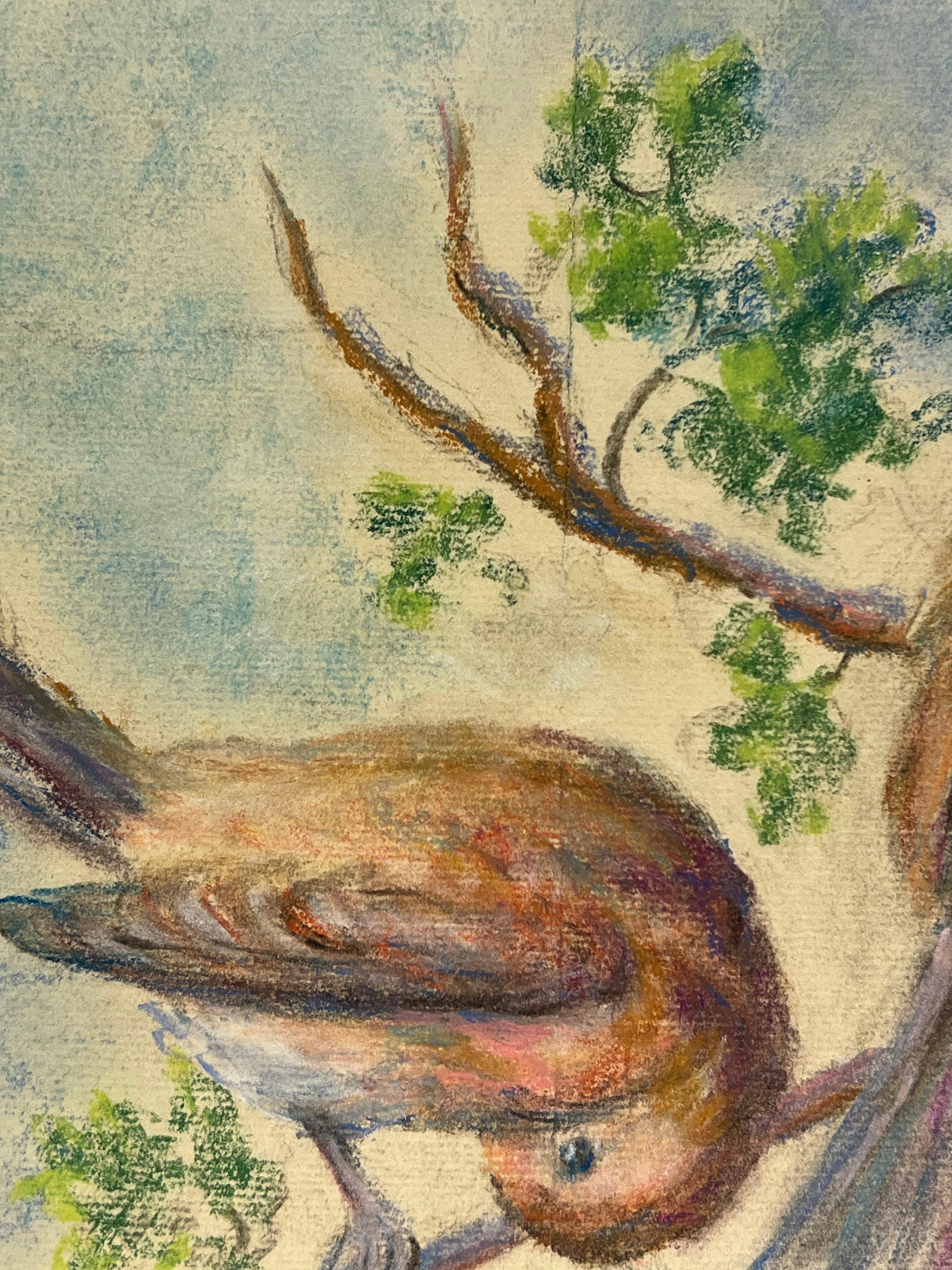 Mid 20th Century A Pastel Study of Two Birds in Springtime - Beige Animal Painting by Regine David