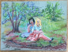 Mid 20th Century Charming Pastel Drawing of Two Women in a Serene Park Setting