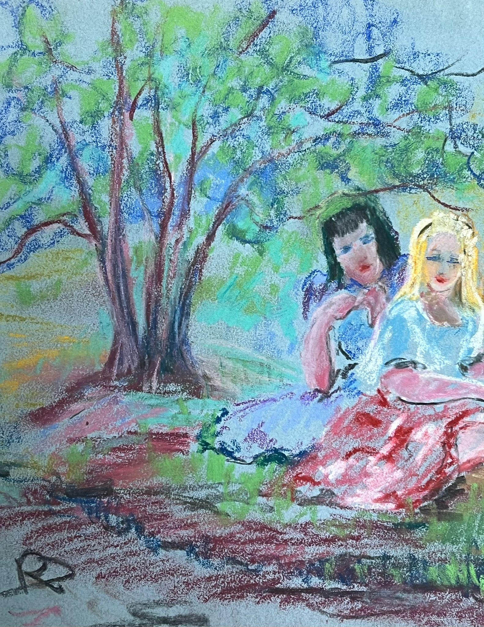 Frauen im Park Setting
von Regine David (französische Künstlerin, 1910-2018)
Pastellmalerei auf Künstlerpapier
Gemälde: 10 x 13 Zoll
Zustand: Das Gemälde ist in ausgezeichnetem Zustand, mit leuchtenden Farben und gut erhaltenen Details. Das Gemälde