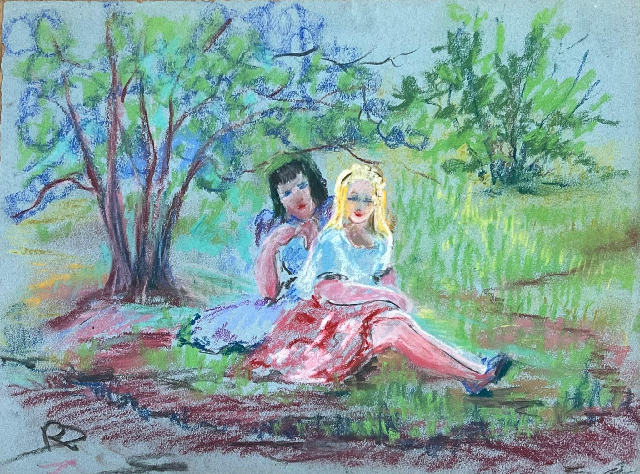 Disegno a pastello di due donne in un parco sereno della metà del XX secolo