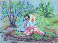 Disegno a pastello di due donne in un parco sereno della metà del XX secolo