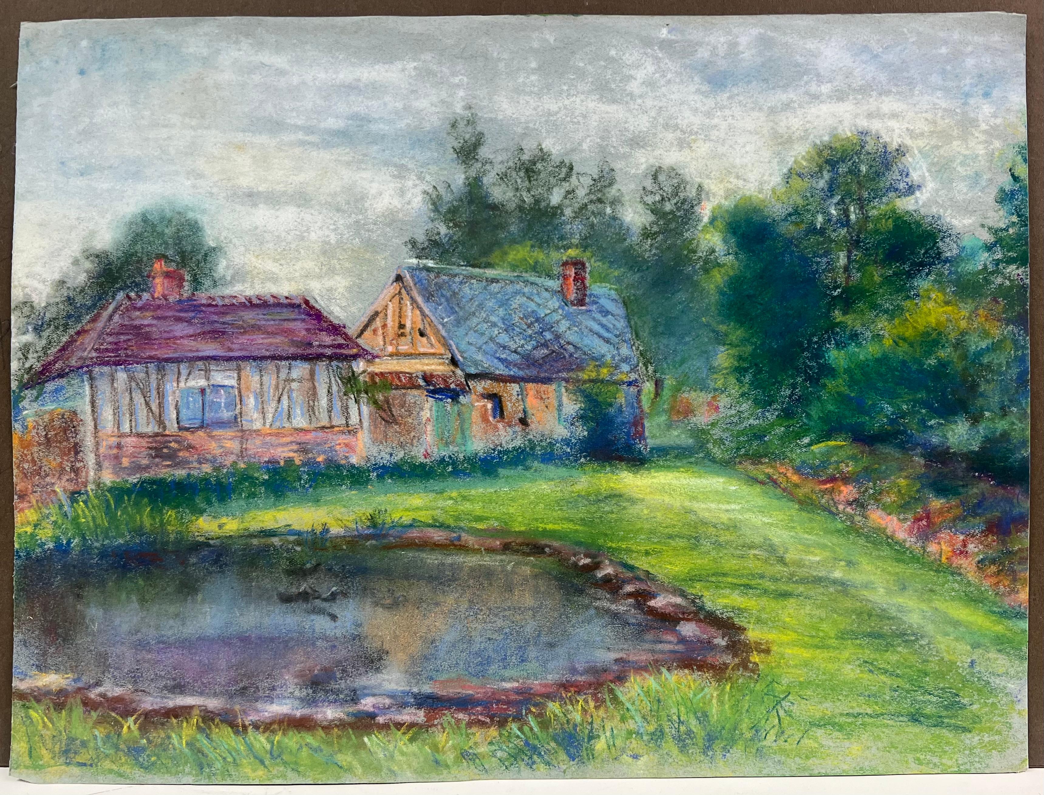 Mid 20th Century French Bright Pastel Scene of Cottages by a Pond - Painting by Regine David