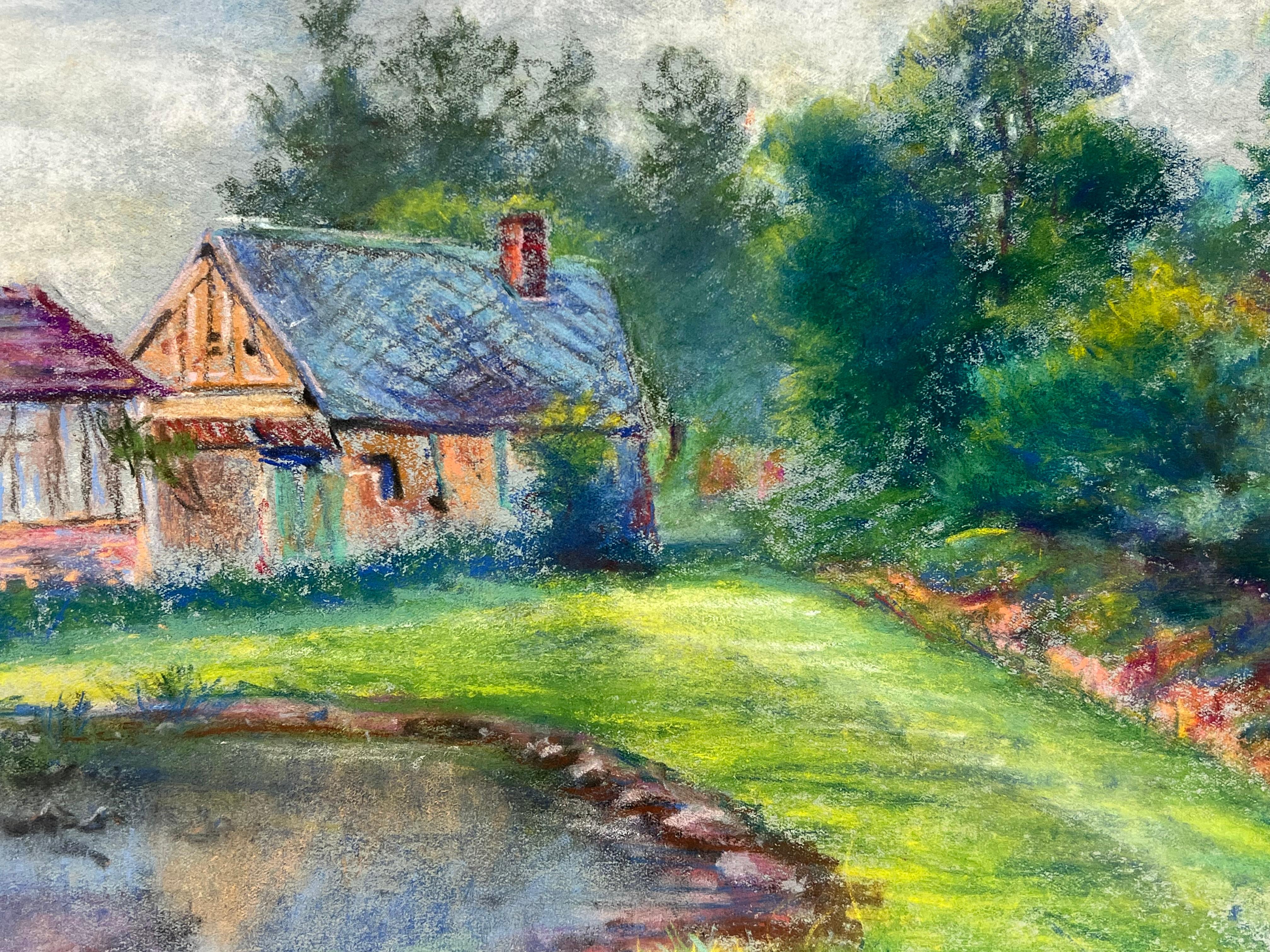 Mid 20th Century French Bright Pastel Scene of Cottages by a Pond - Post-Impressionist Painting by Regine David