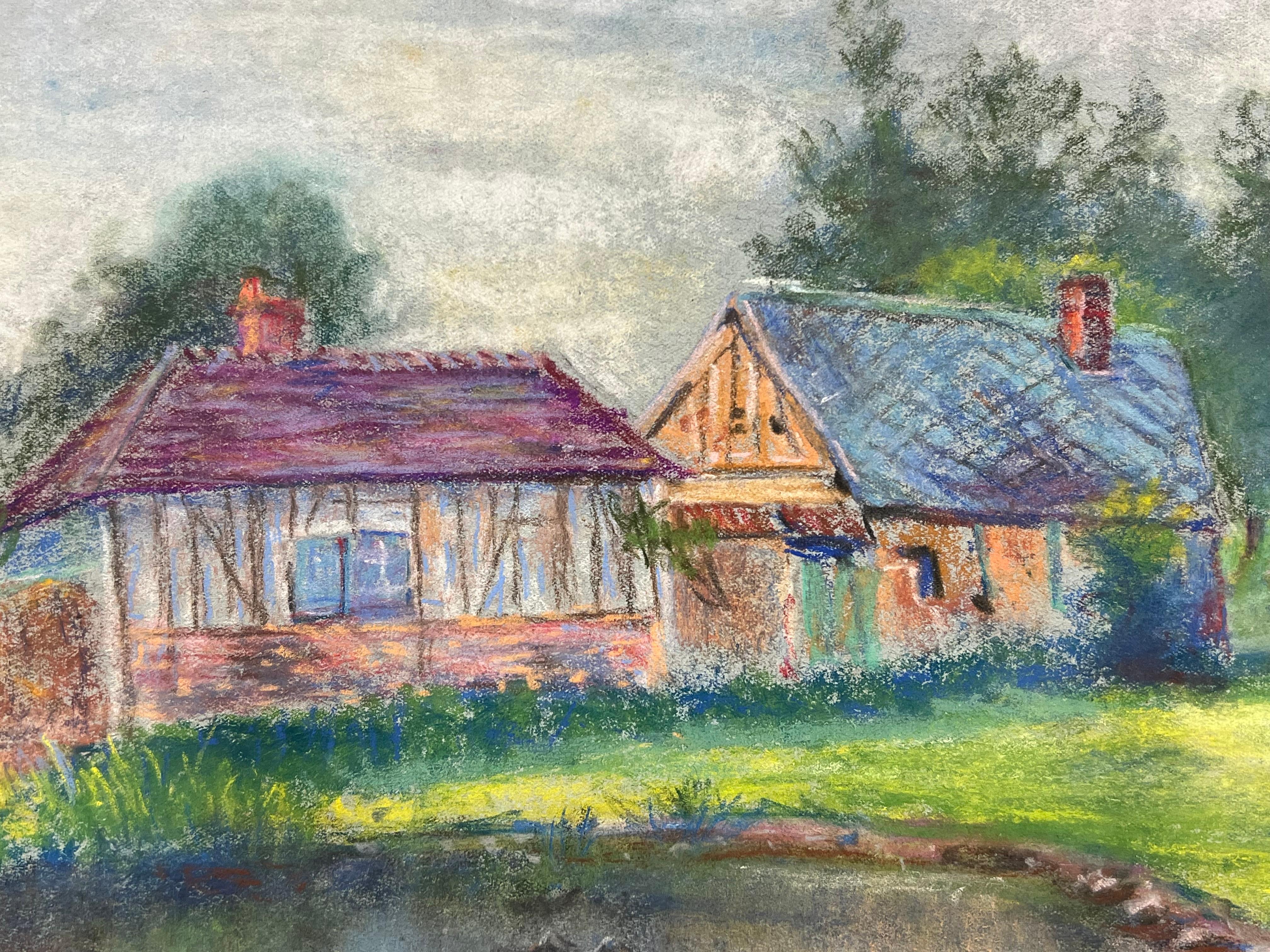 Mid 20th Century French Bright Pastel Scene of Cottages by a Pond - Gray Landscape Painting by Regine David