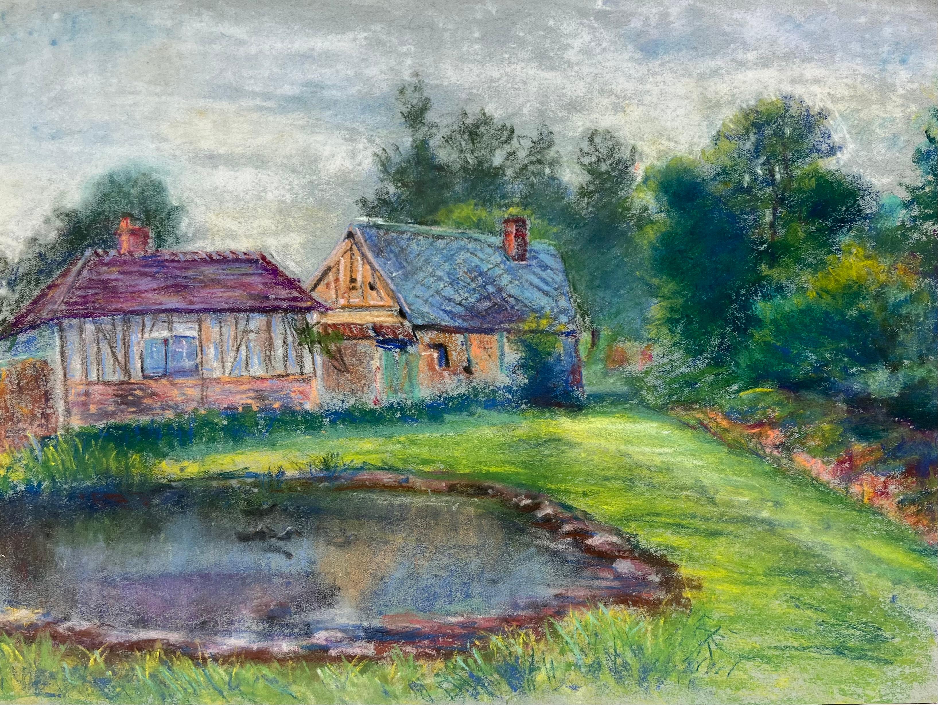 Regine David Landscape Painting - Mid 20th Century French Bright Pastel Scene of Cottages by a Pond