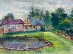 Mid 20th Century French Bright Pastel Scene of Cottages by a Pond