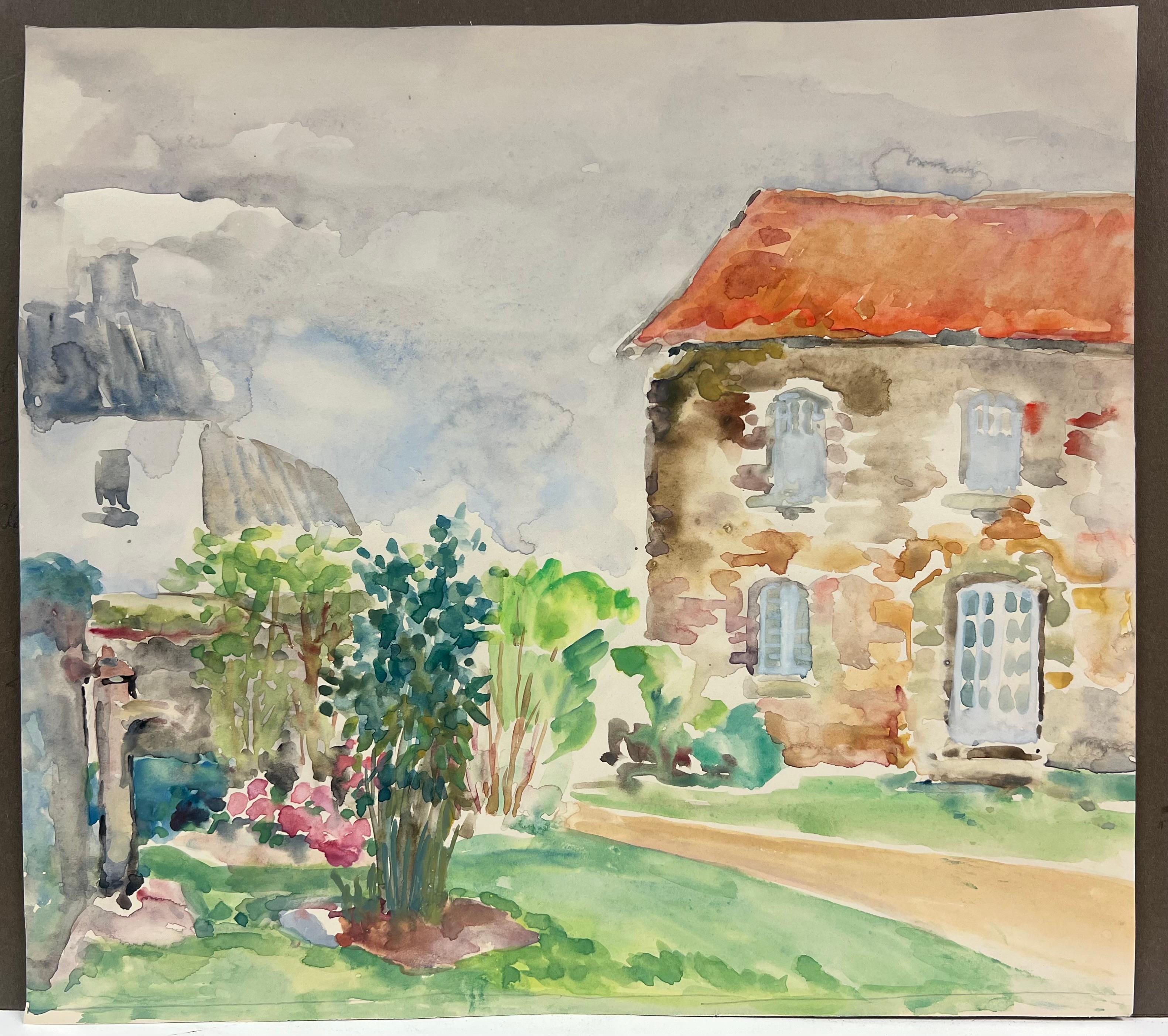 Mid 20th Century French Charming Cottage Garden Landscape - Painting by Regine David