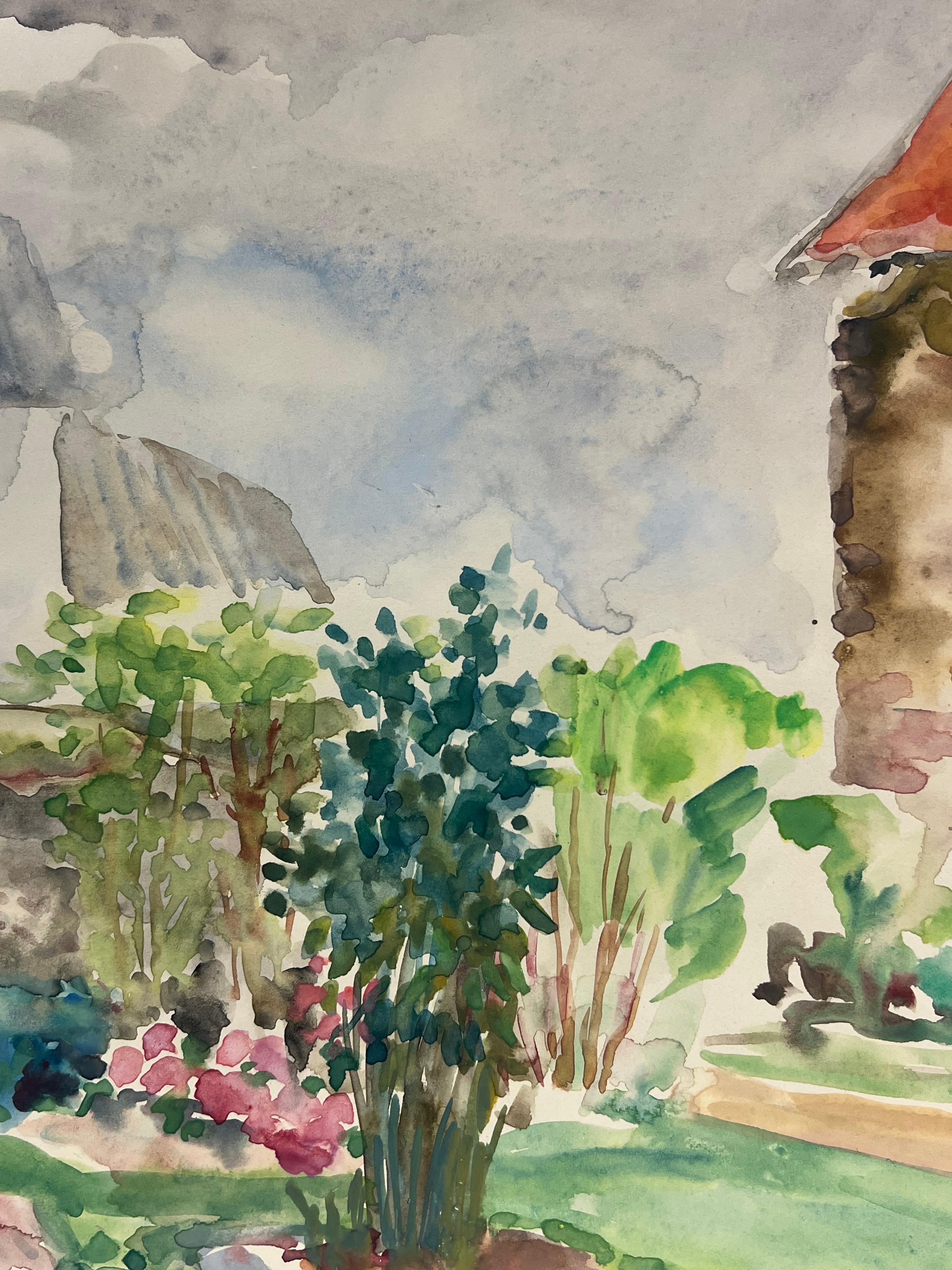 Mid 20th Century French Charming Cottage Garden Landscape - Beige Landscape Painting by Regine David