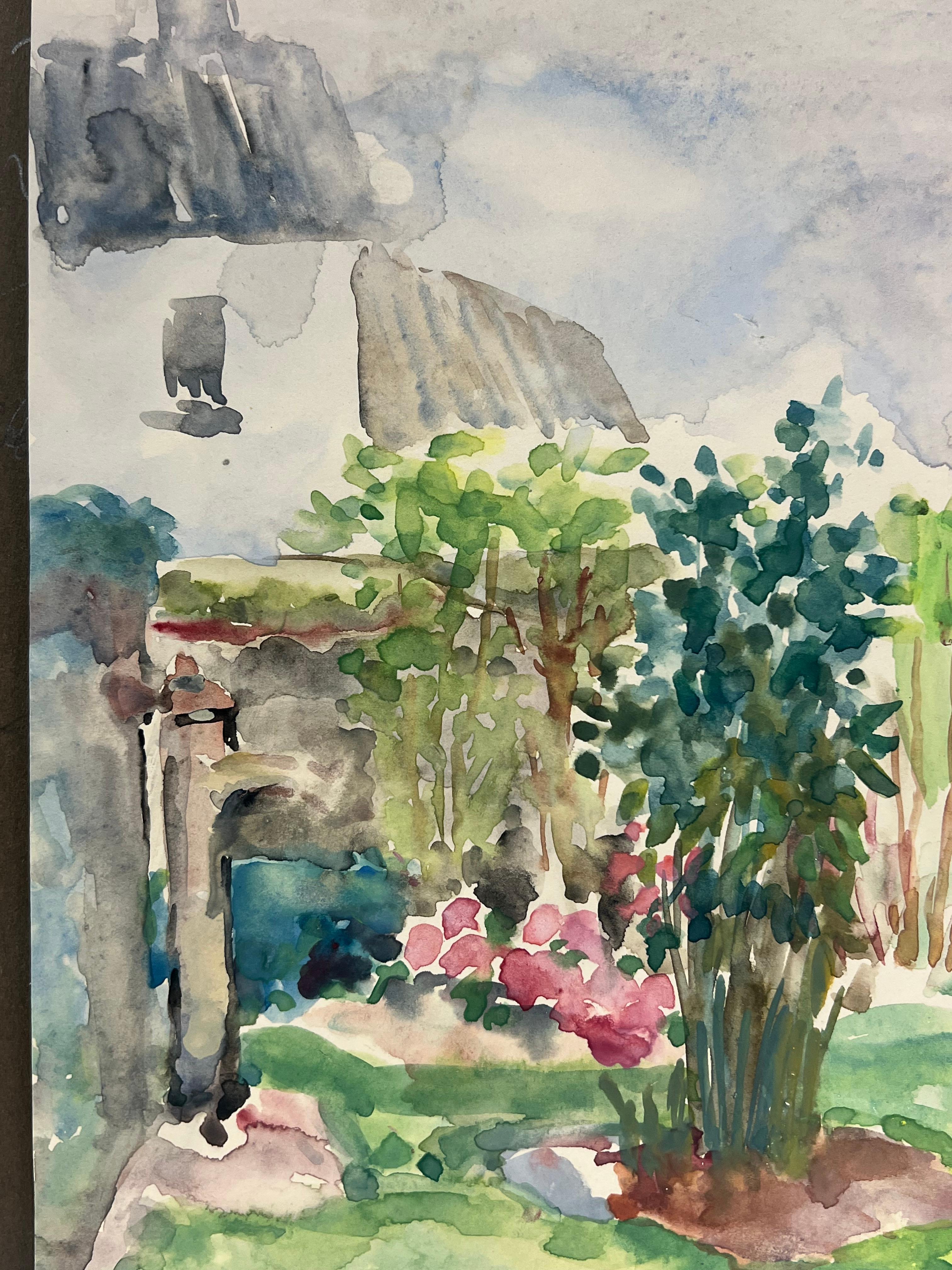 Charming Cottage Garden
by Regine David (female French artist, 1910-2018)
watercolor painting on artist paper
painting: 13 x 14 inches
condition: This painting is in excellent condition, with vibrant colors and well-preserved details. The painting