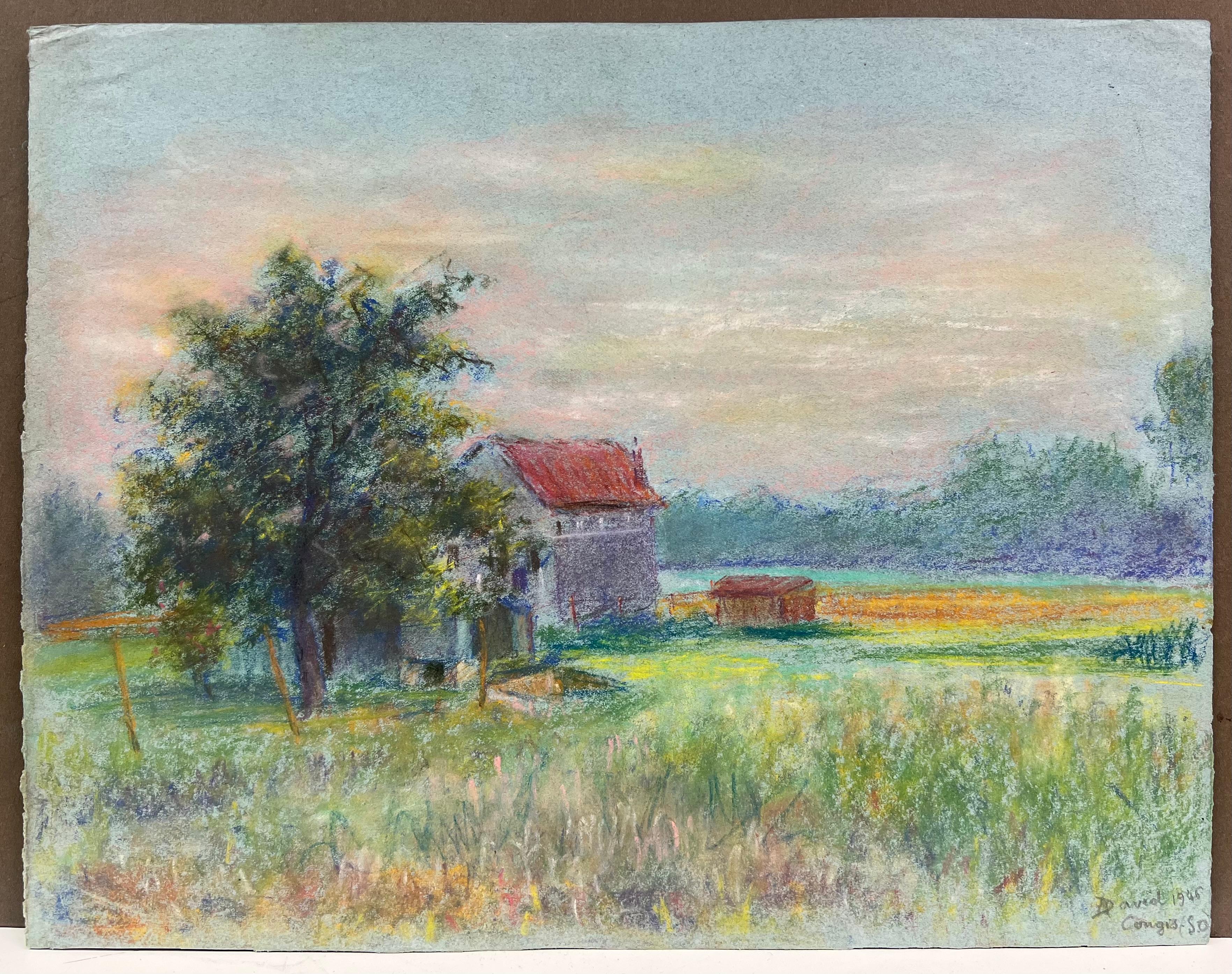 Mid 20th Century French Countryside Pastel Landscape of a Farmhouse In Field - Painting by Regine David
