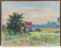 Mid 20th Century French Countryside Pastel Landscape of a Farmhouse In Field