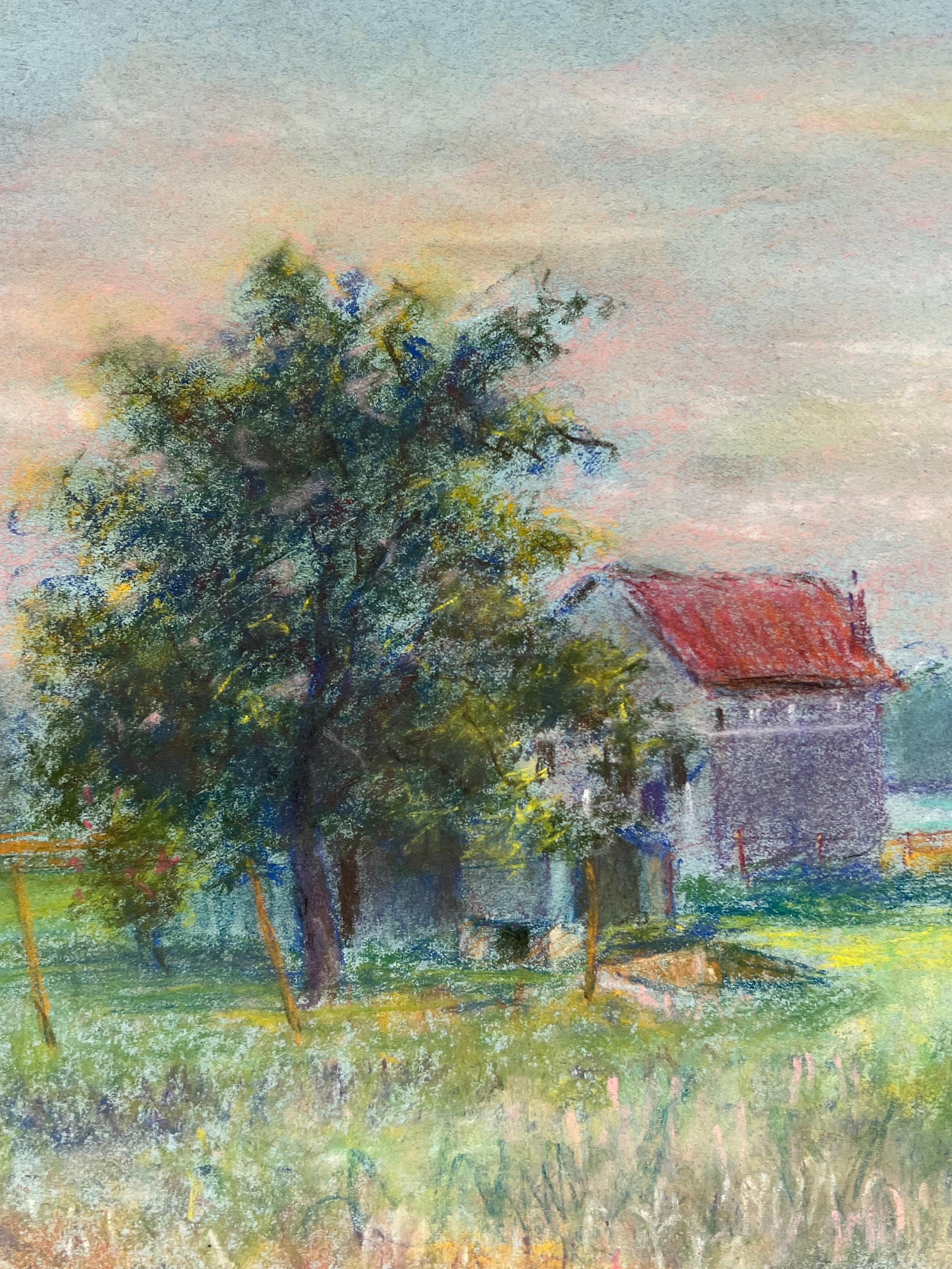 Mid 20th Century French Countryside Pastel Landscape of a Farmhouse In Field - Post-Impressionist Painting by Regine David