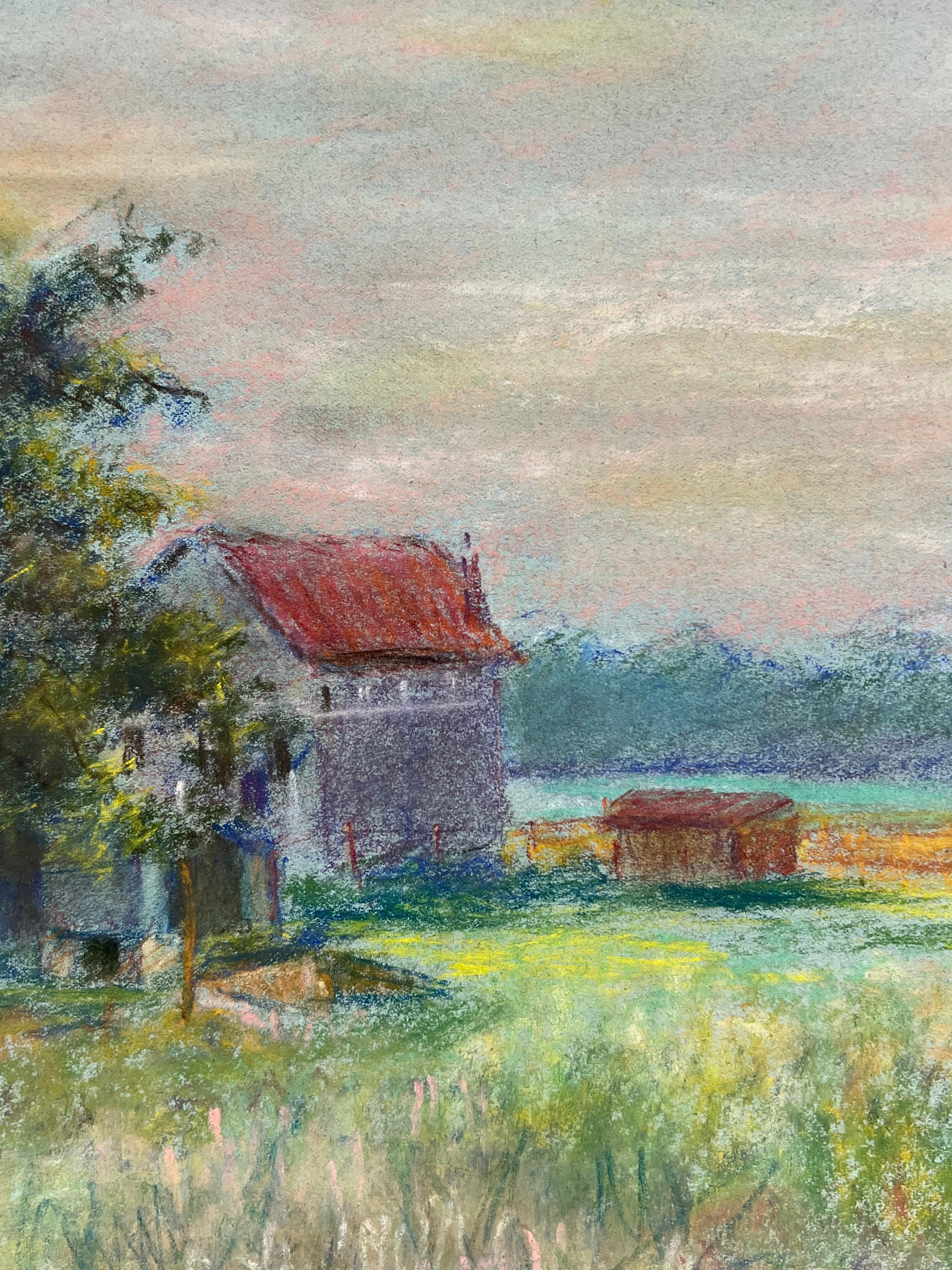 Mid 20th Century French Countryside Pastel Landscape of a Farmhouse In Field - Gray Landscape Painting by Regine David