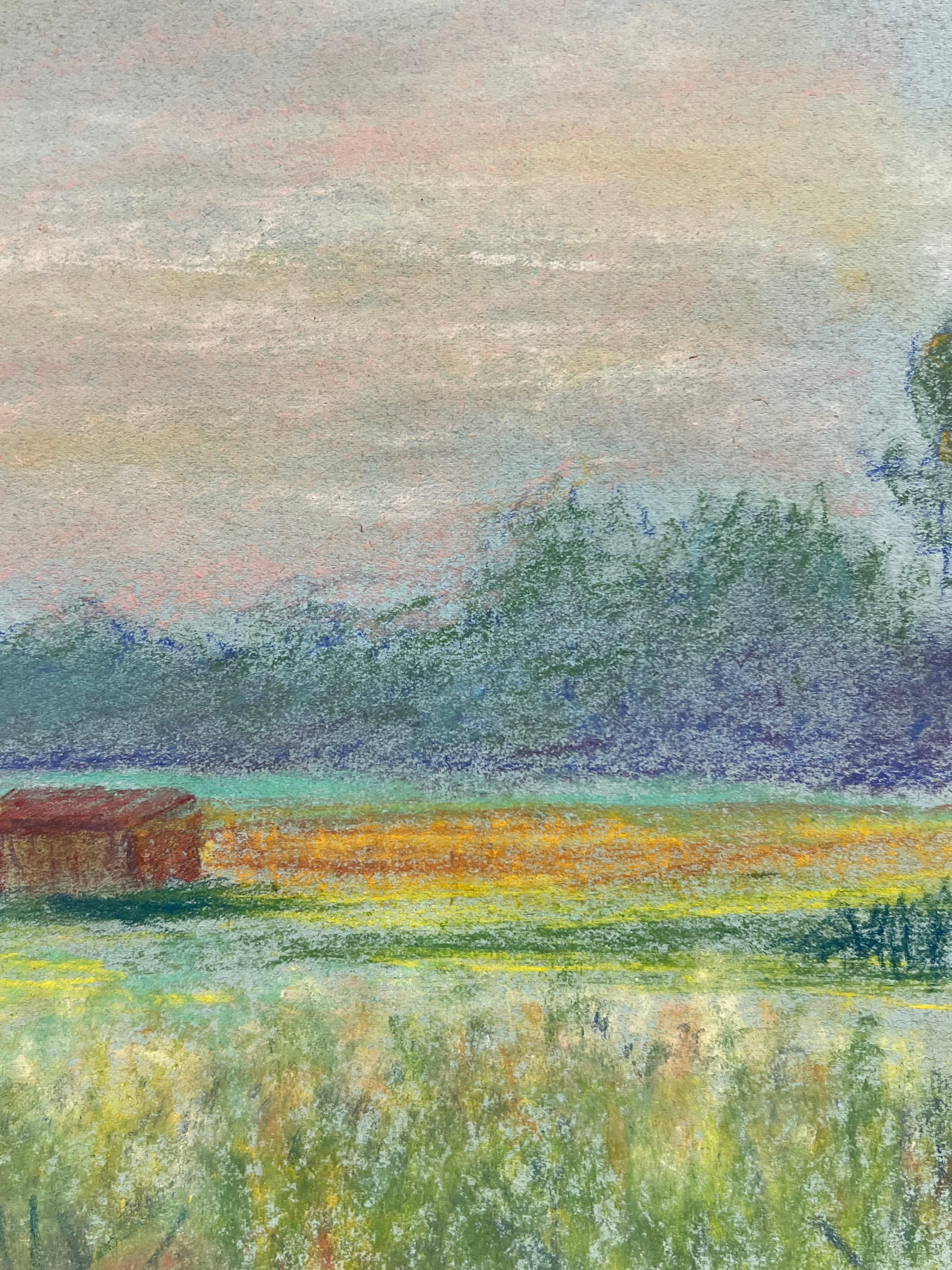 Farmhouse Landscape
signed by Regine David (female French artist, 1910-2018)
pastel painting on artist paper
dated 1946
painting: 11 x 14 inches
inscribed verso
condition: This painting is in excellent condition, with vibrant colors and