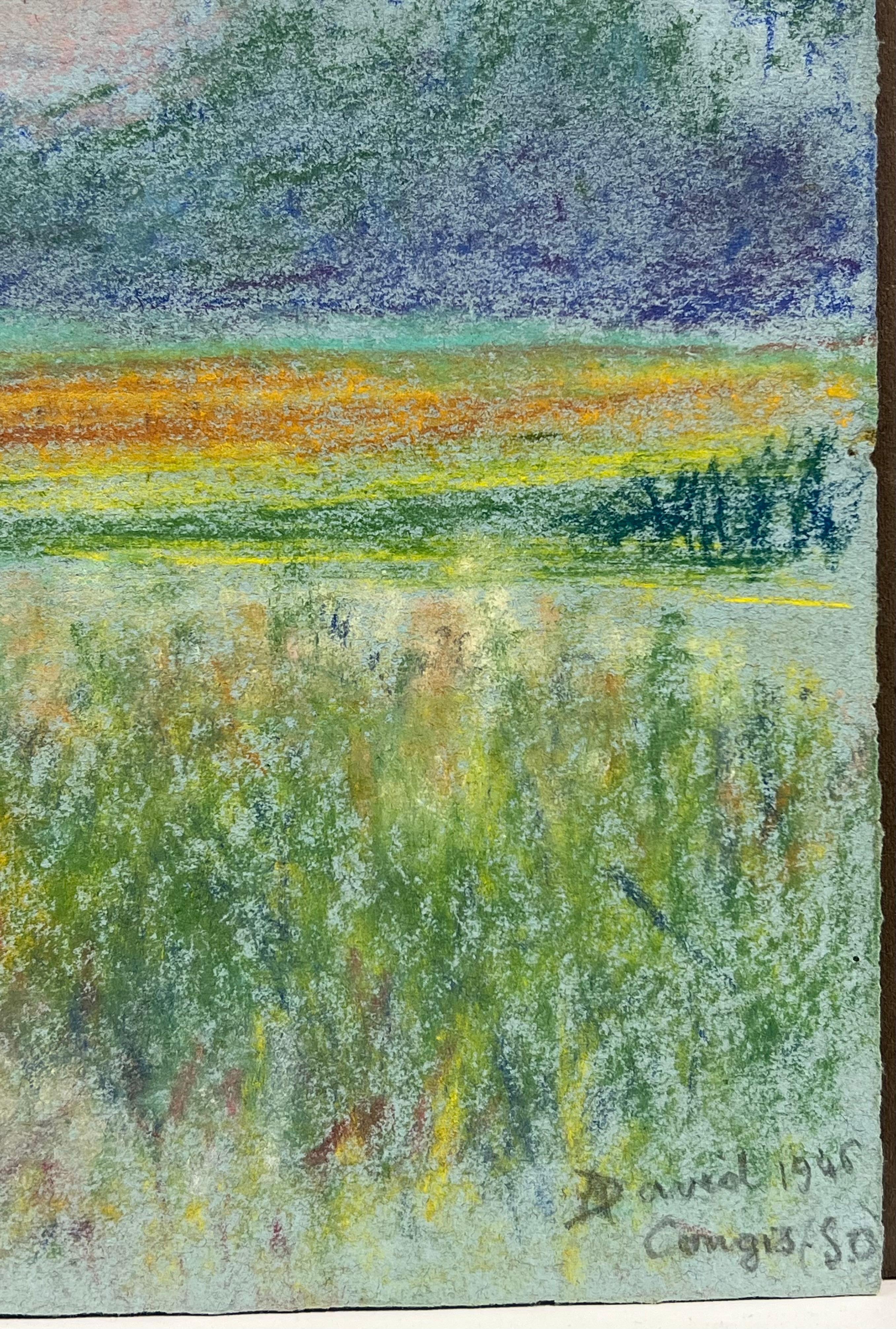 Mid 20th Century French Countryside Pastel Landscape of a Farmhouse In Field For Sale 1