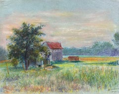 Mid 20th Century French Countryside Pastel Landscape of a Farmhouse In Field