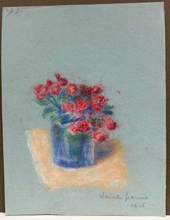 Mid 20th Century French Delicate Still Life of Red Flowers in a Glass Vase