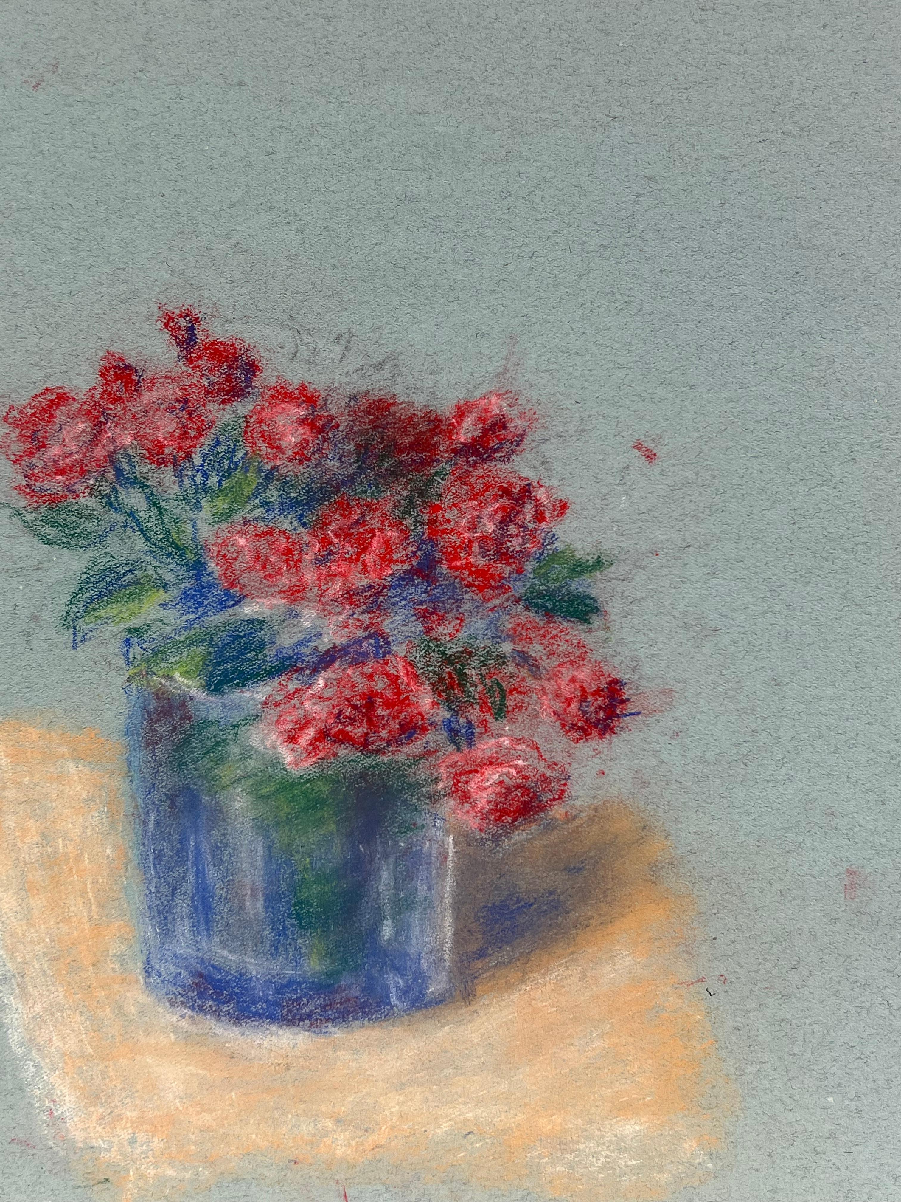 Mid 20th Century French Delicate Still Life of Red Flowers in a Glass Vase - Post-Impressionist Painting by Regine David