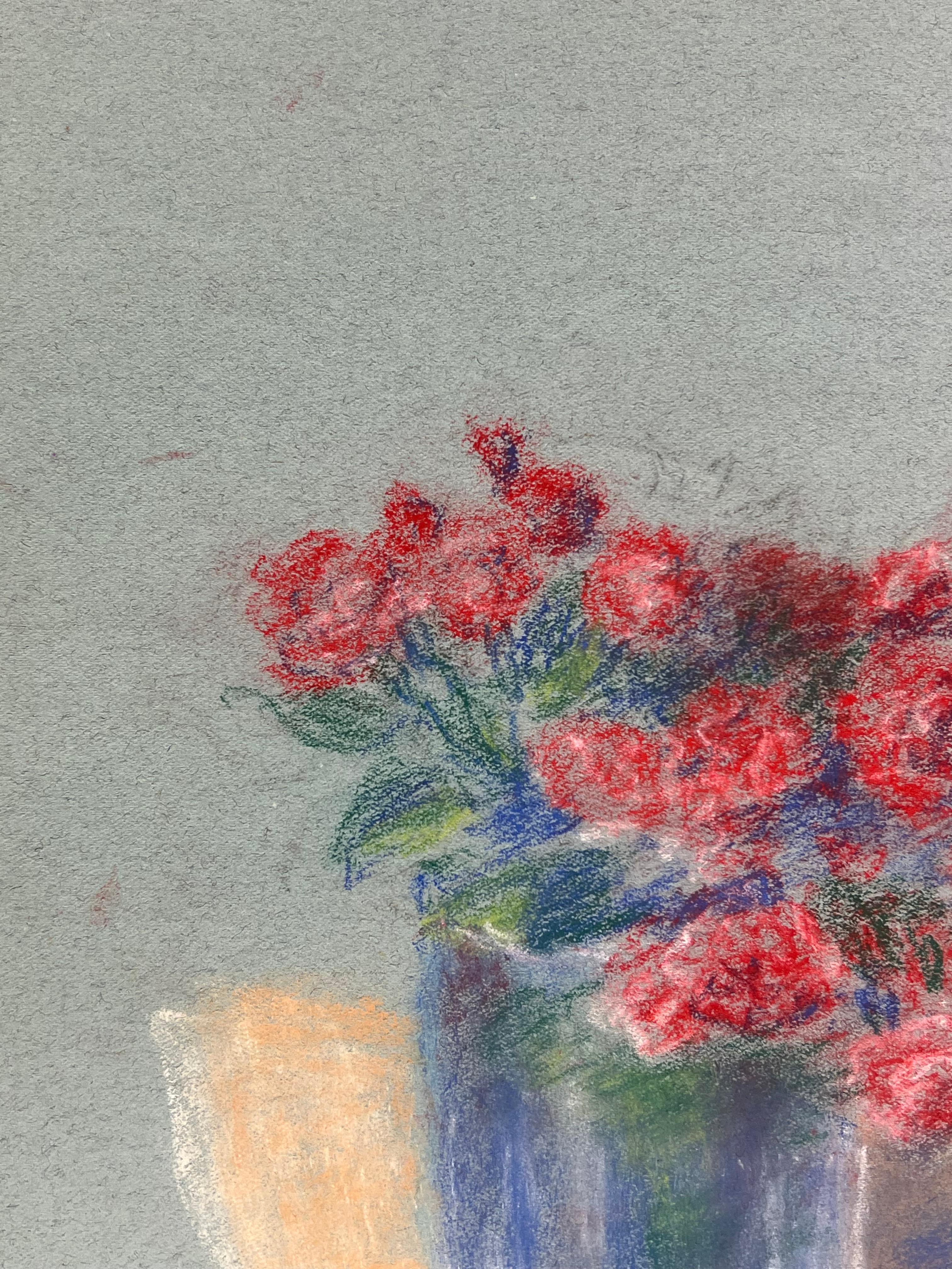 Mid 20th Century French Delicate Still Life of Red Flowers in a Glass Vase - Gray Still-Life Painting by Regine David