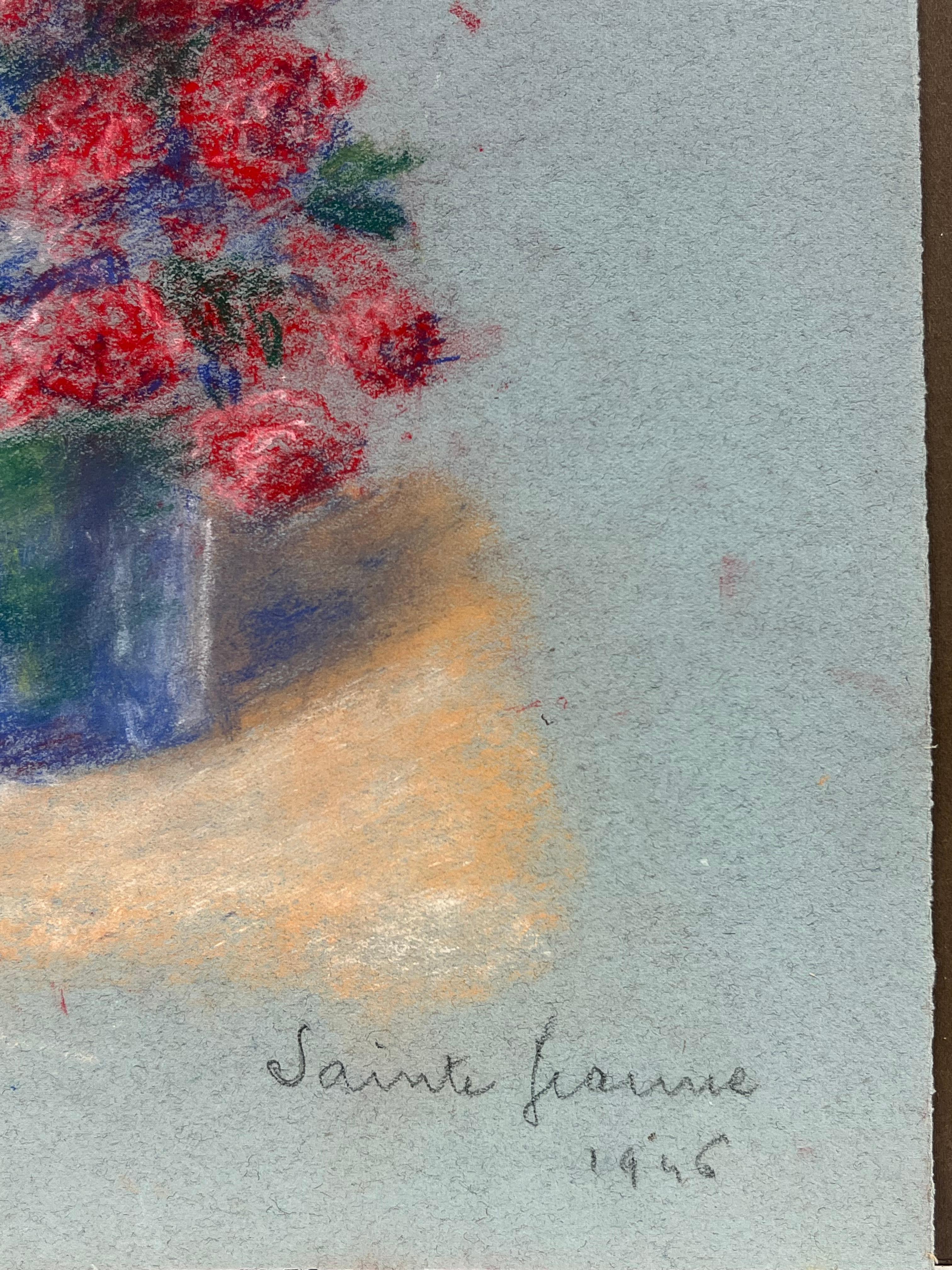 Mid 20th Century French Delicate Still Life of Red Flowers in a Glass Vase For Sale 1