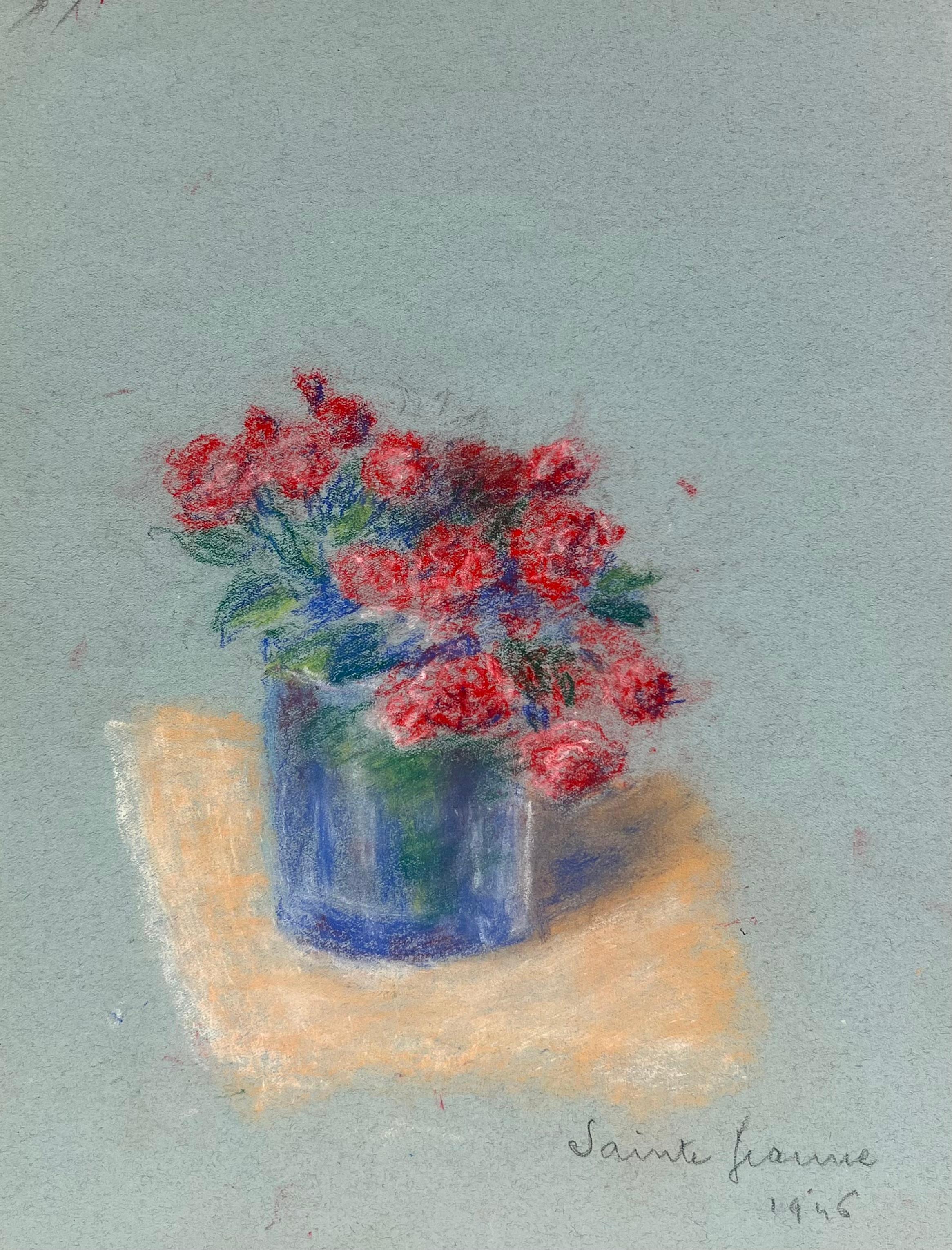 Regine David Still-Life Painting - Mid 20th Century French Delicate Still Life of Red Flowers in a Glass Vase