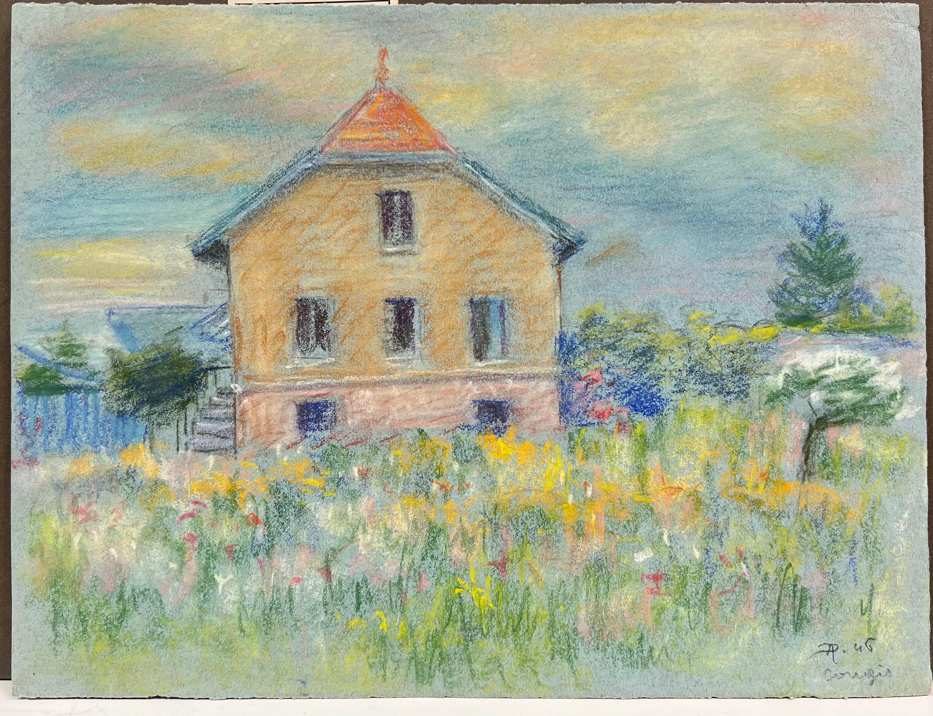 Mid 20th Century French House in a Summer Meadow A Pastel Landscape - Painting by Regine David