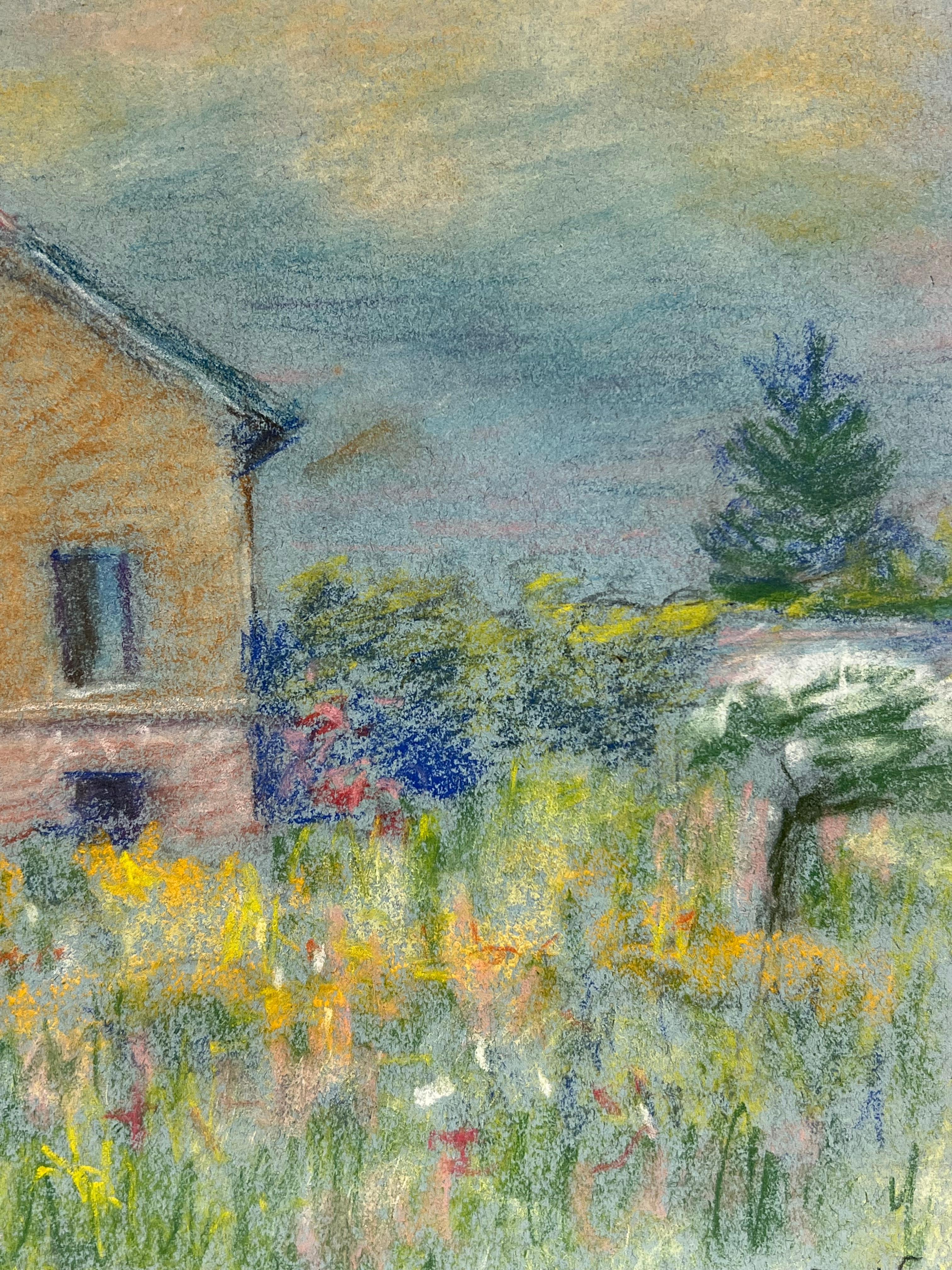 Mid 20th Century French House in a Summer Meadow A Pastel Landscape - Post-Impressionist Painting by Regine David