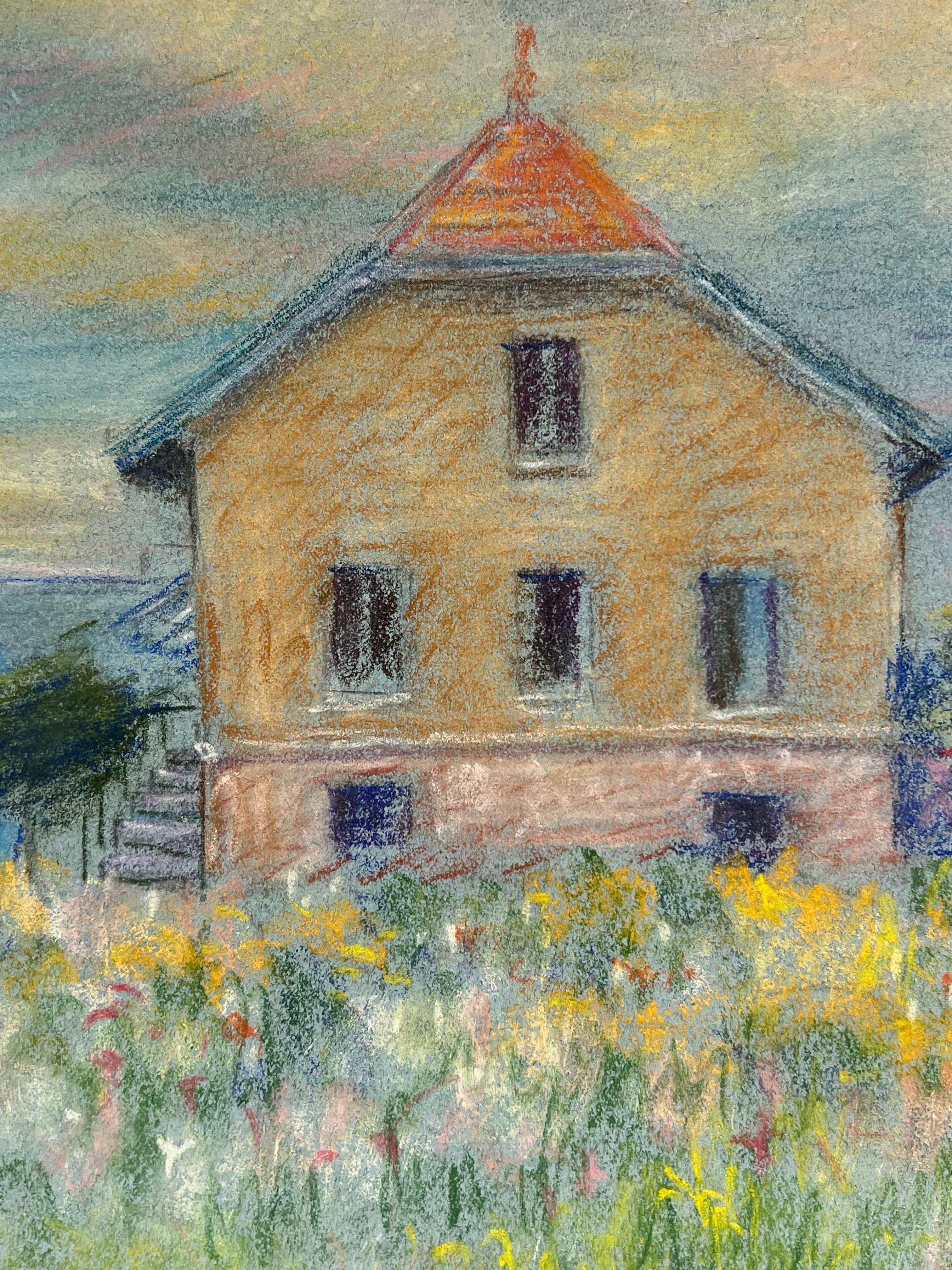 Mid 20th Century French House in a Summer Meadow A Pastel Landscape - Gray Landscape Painting by Regine David