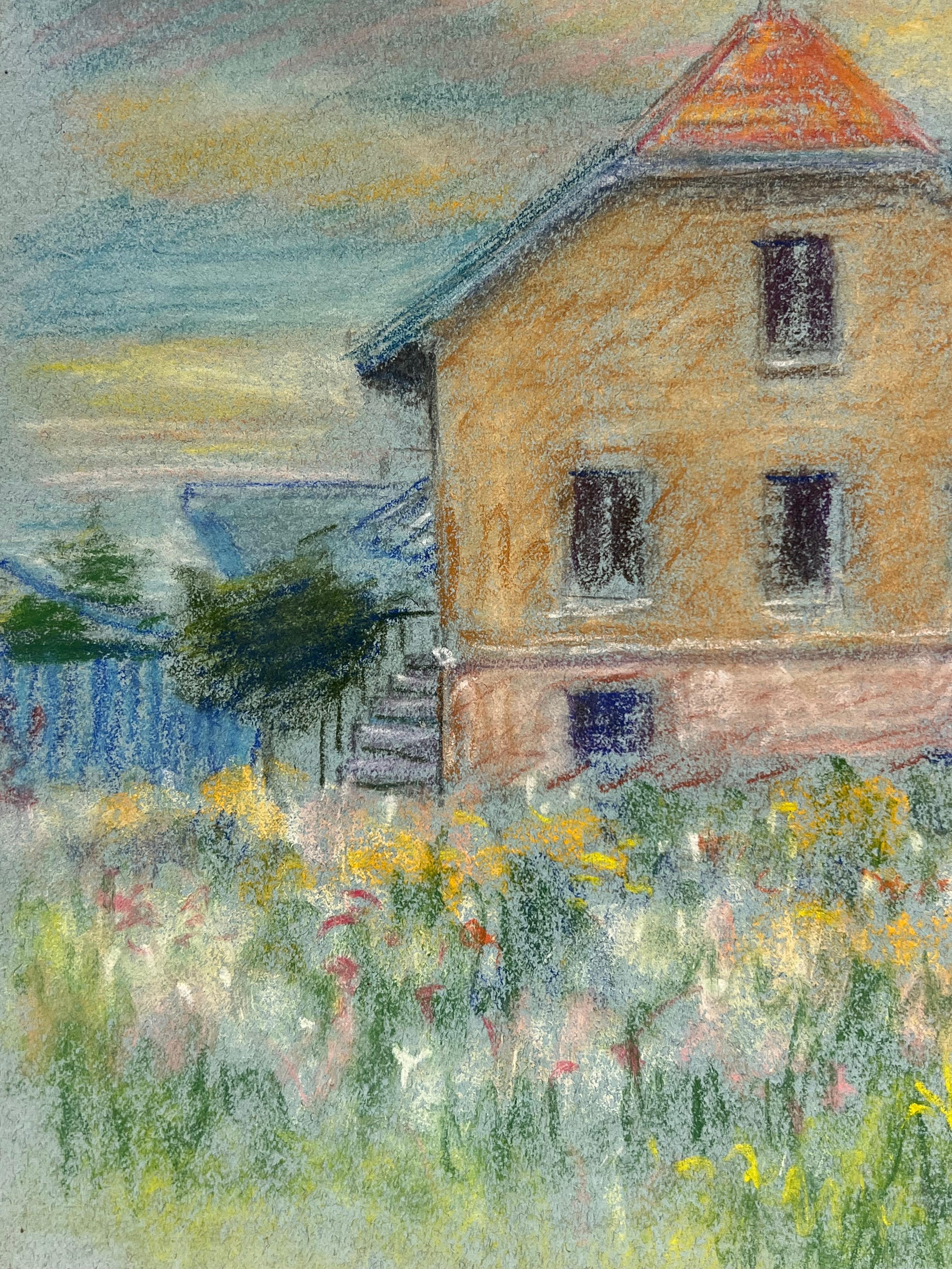 House in a Summer Meadow
signed by Regine David (female French artist, 1910-2018)
pastel painting on artist paper
painting: 8.5 x 11 inches
inscribed verso
condition: This painting is in excellent condition, with vibrant colors and well-preserved