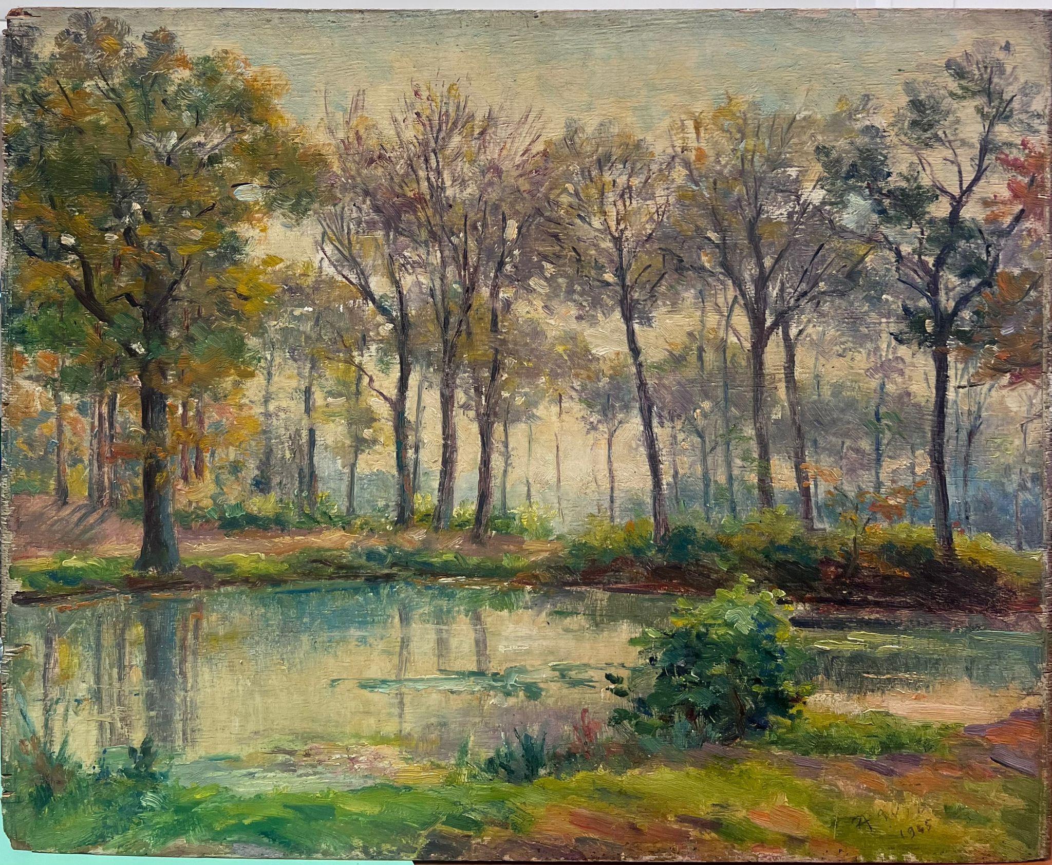 Mid 20th Century French Impressionist Oil Dappled Light Golden River Landscape - Painting by Regine David