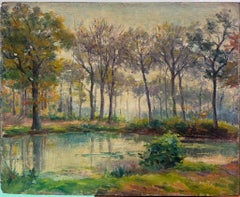 Mid 20th Century French Impressionist Oil Dappled Light Golden River Landscape