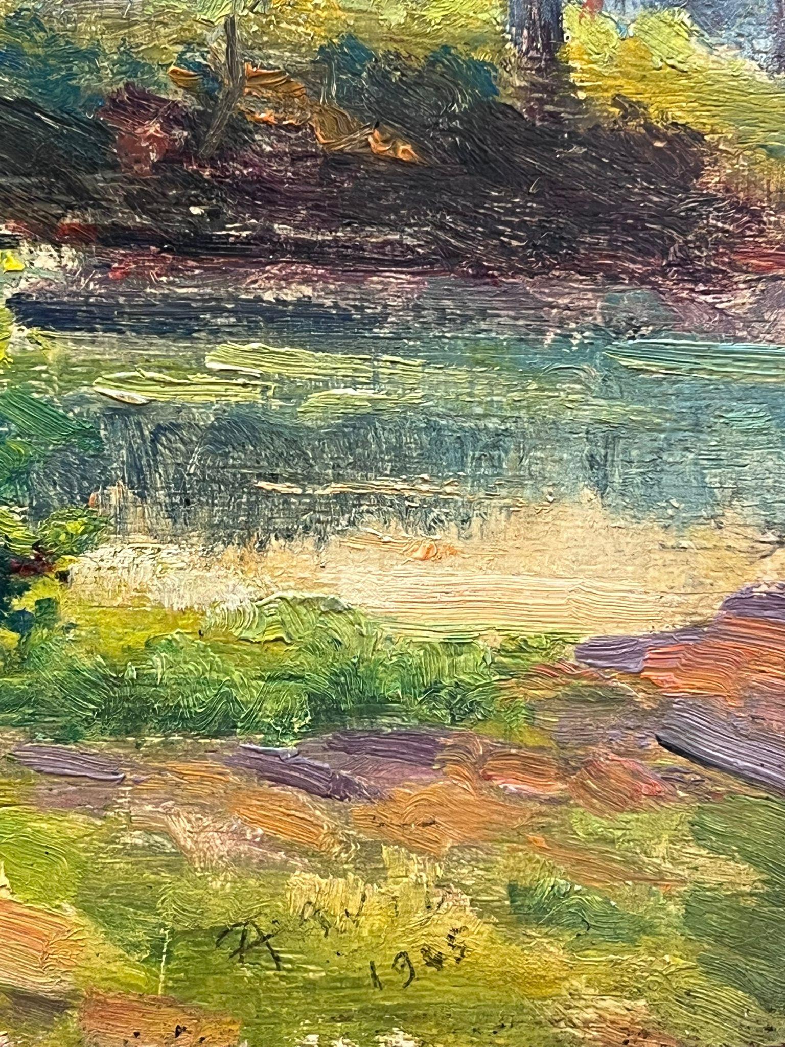 Mid 20th Century French Impressionist Oil Dappled Light Golden River Landscape - Gray Landscape Painting by Regine David