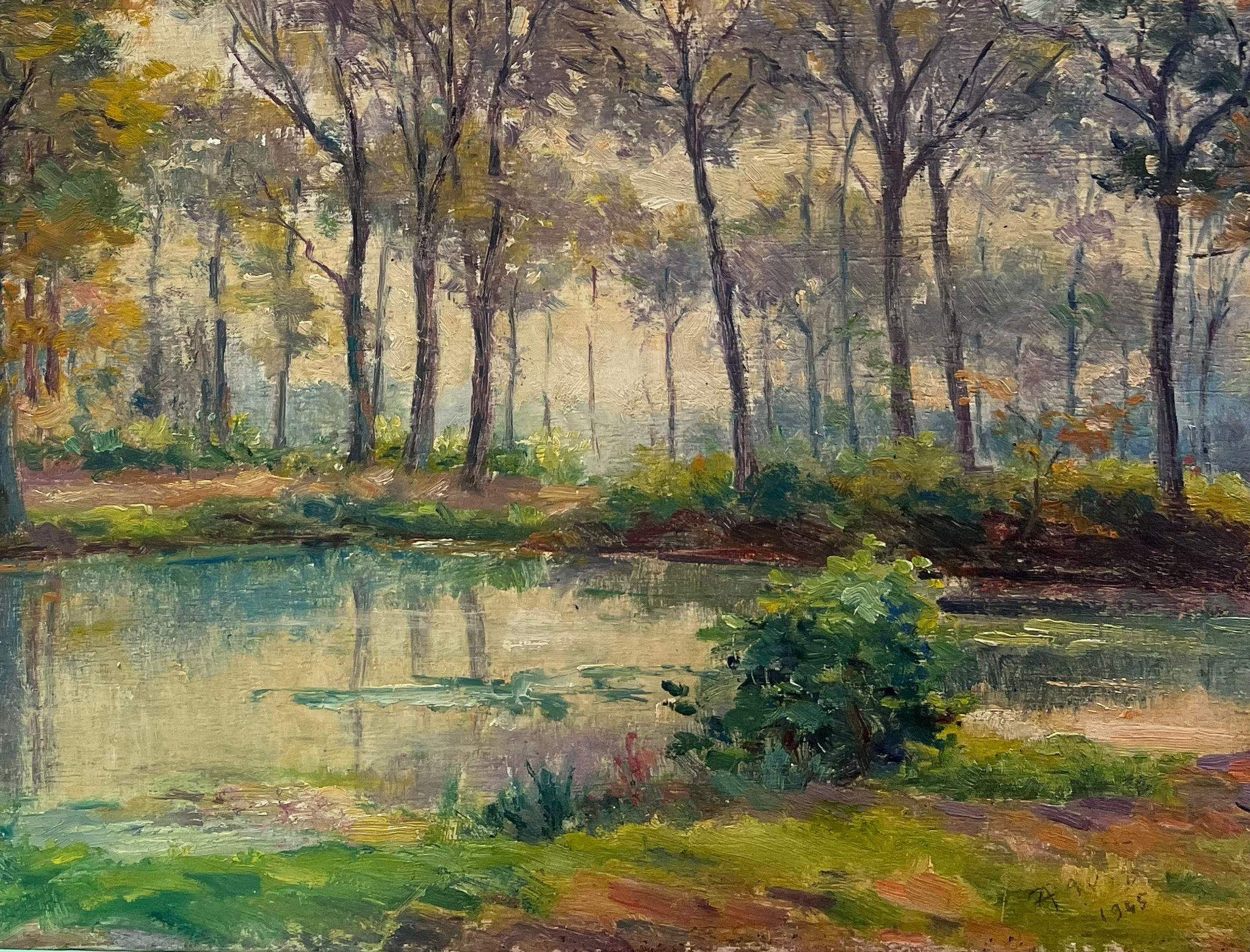Mid 20th Century French Impressionist Oil Dappled Light Golden River Landscape For Sale 3