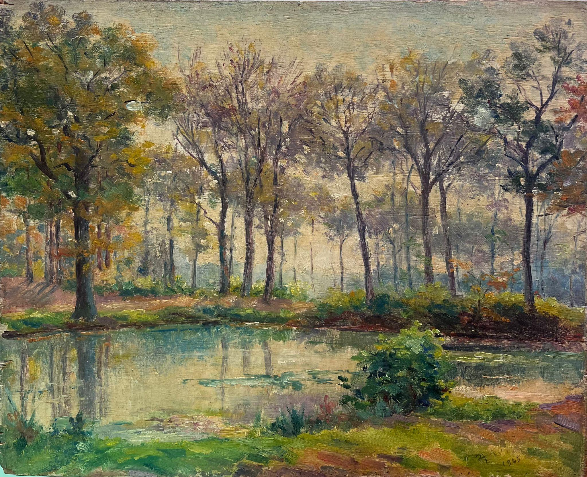 Regine David Landscape Painting - Mid 20th Century French Impressionist Oil Dappled Light Golden River Landscape