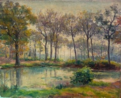 Mid 20th Century French Impressionist Oil Dappled Light Golden River Landscape