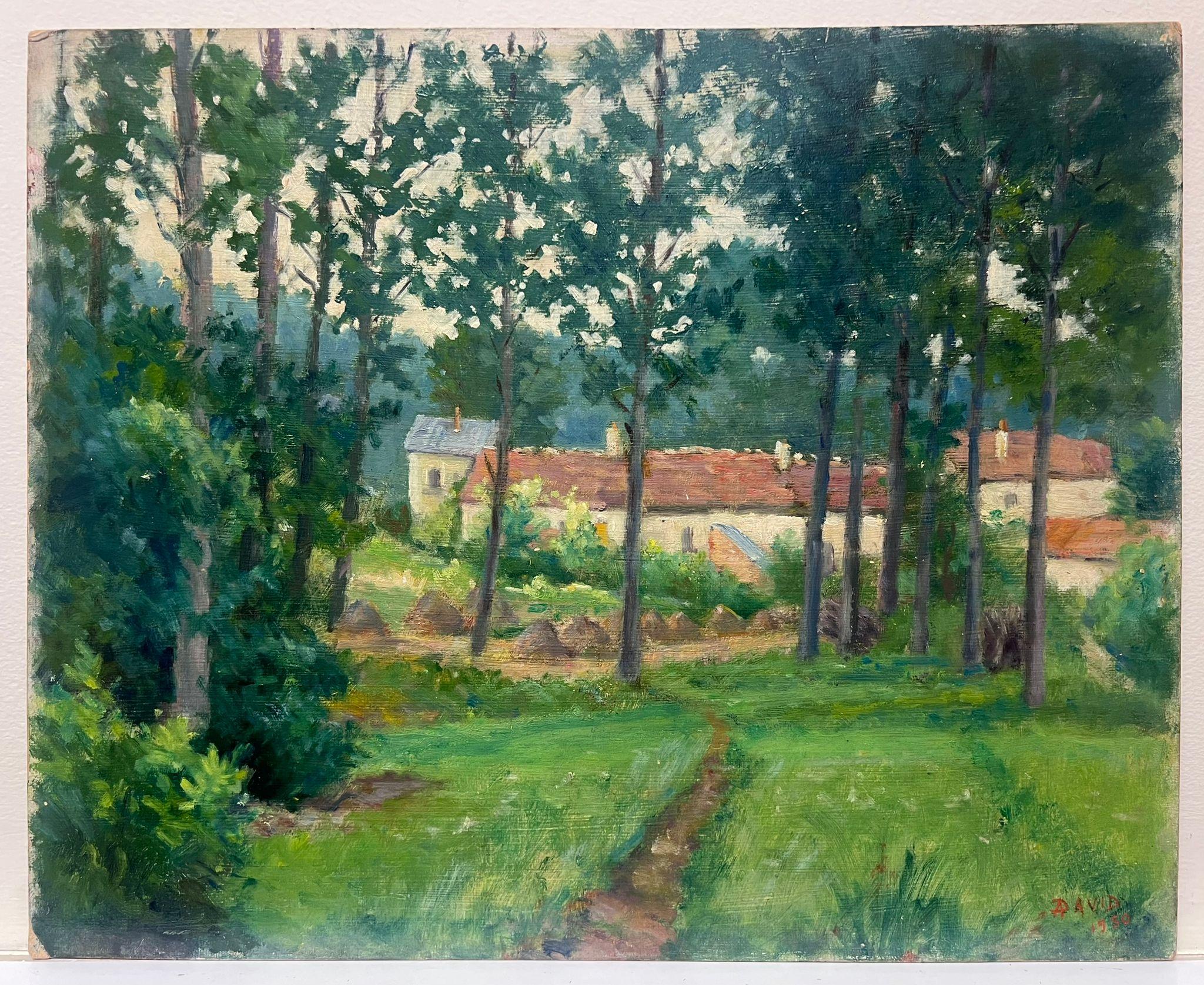 Óleo impresionista francés de mediados del siglo XX Edificios agrícolas en verdes campos soleados - Painting de Regine David