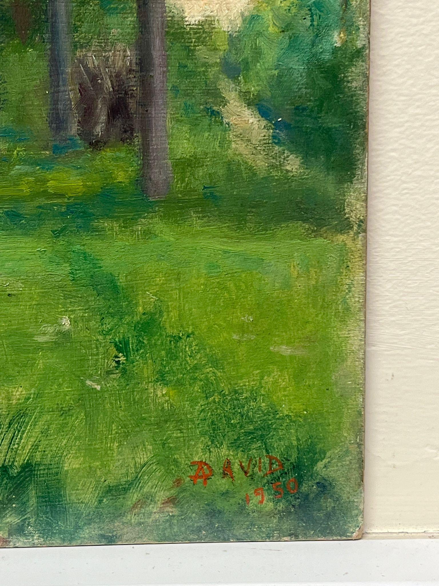 Óleo impresionista francés de mediados del siglo XX Edificios agrícolas en verdes campos soleados - Painting Posimpresionista de Regine David