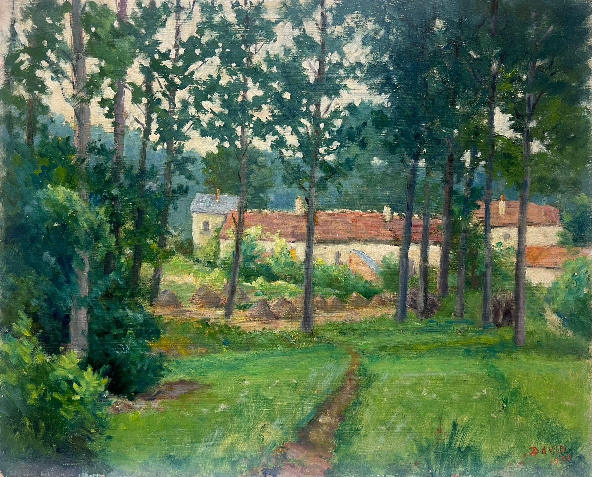 Landscape Painting de Regine David - Óleo impresionista francés de mediados del siglo XX Edificios agrícolas en verdes campos soleados