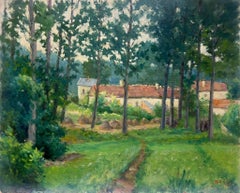Mid 20th Century French Impressionist Oil Farm Buildings in Sunny Green Fields