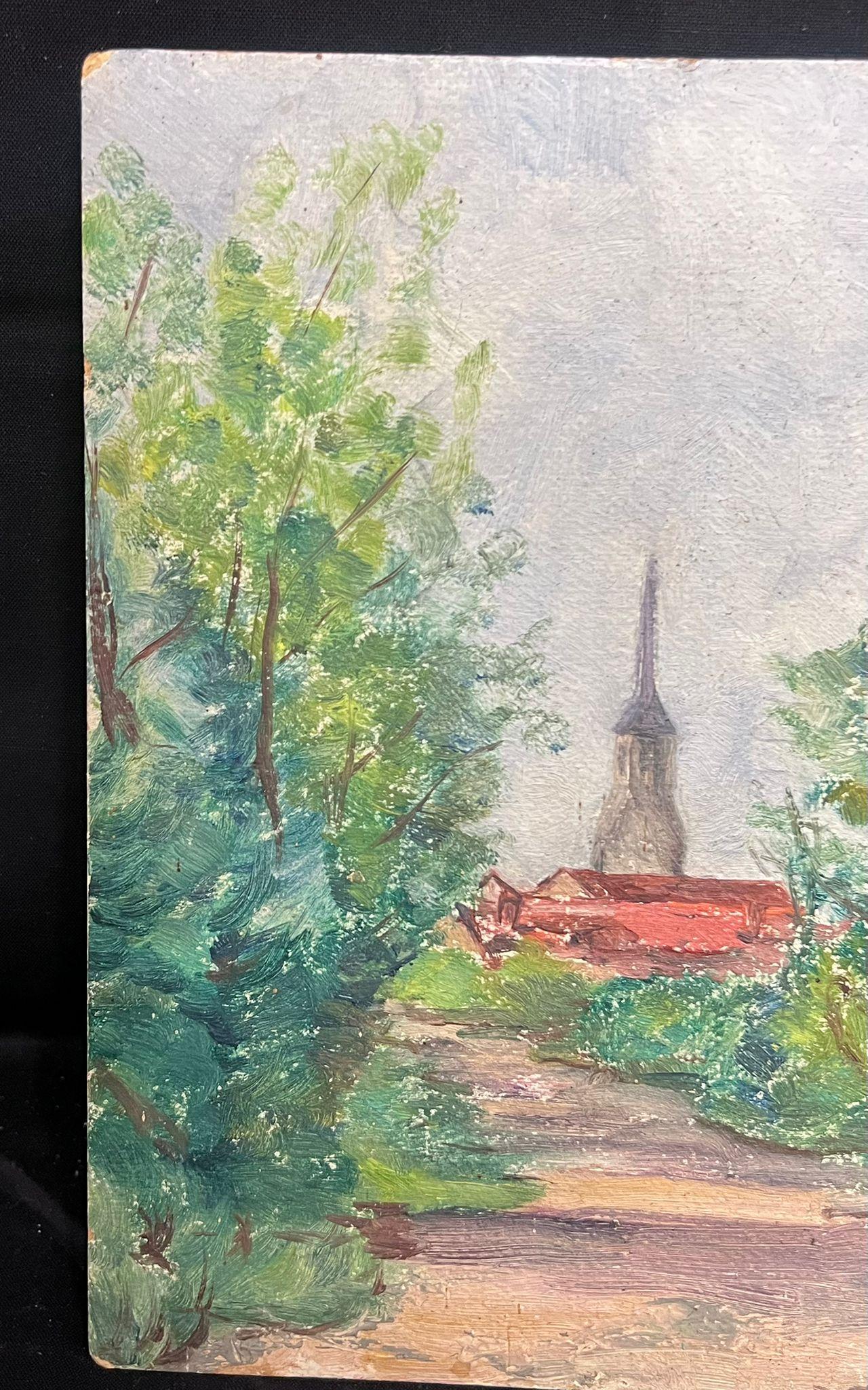 Mid 20th Century French Oil A Village Steeple Framed by Verdant Trees - Painting by Regine David