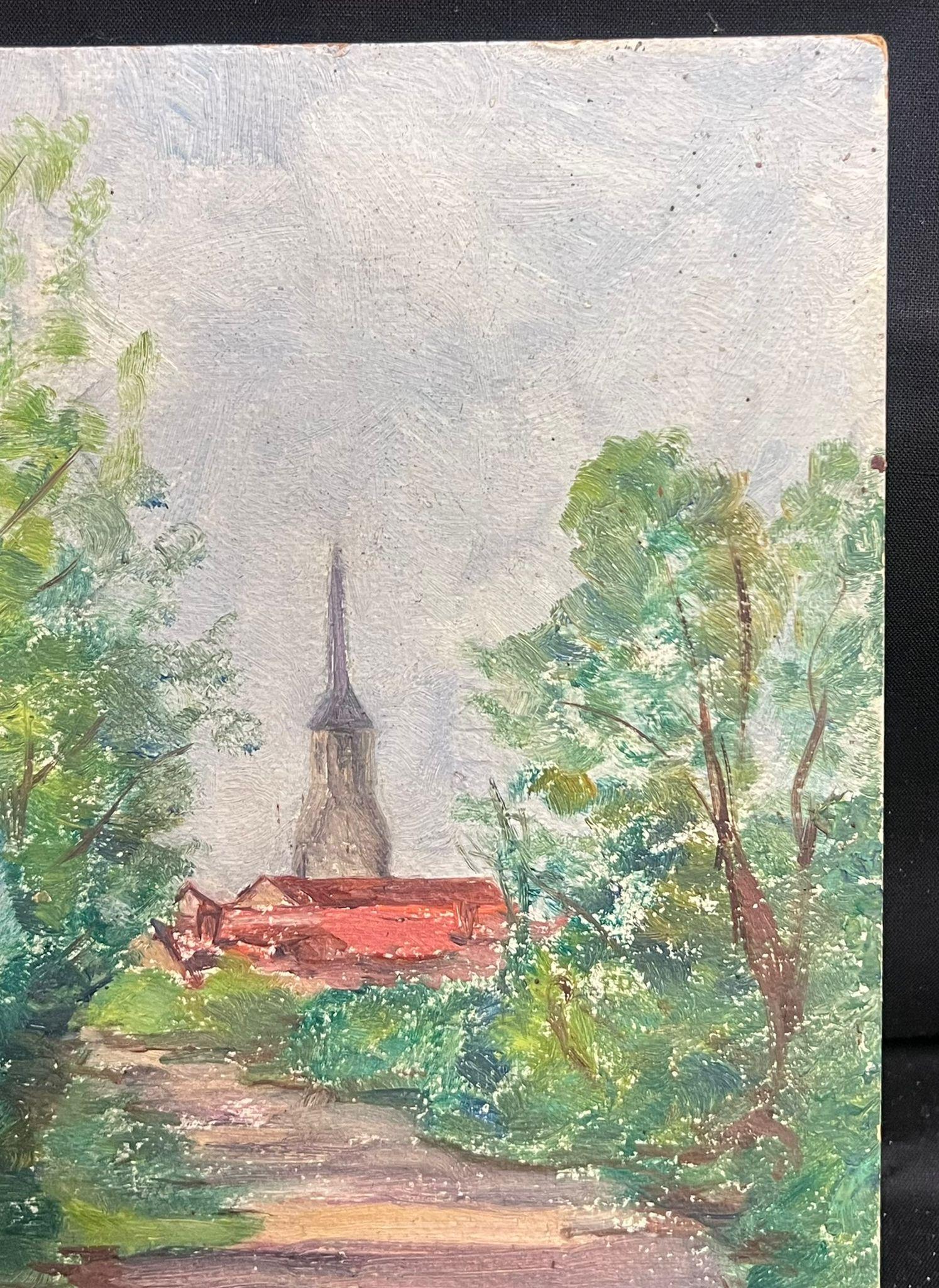 Mid 20th Century French Oil A Village Steeple Framed by Verdant Trees - Post-Impressionist Painting by Regine David