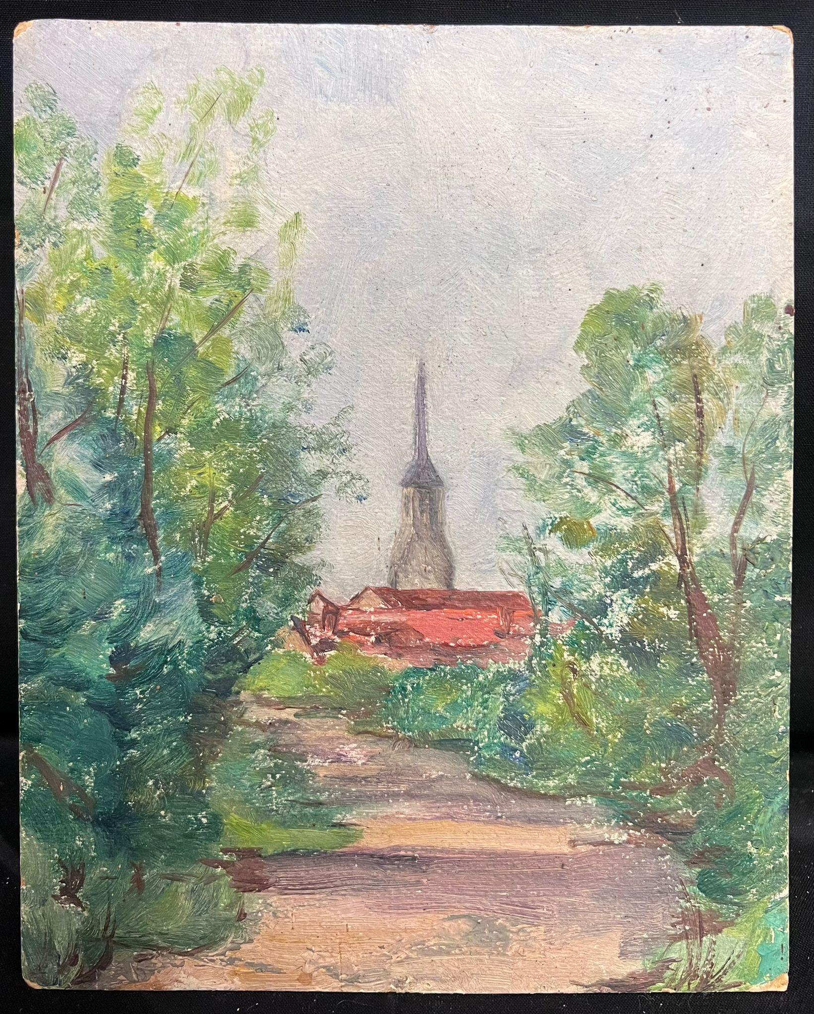 Mid 20th Century French Oil A Village Steeple Framed by Verdant Trees - Beige Landscape Painting by Regine David