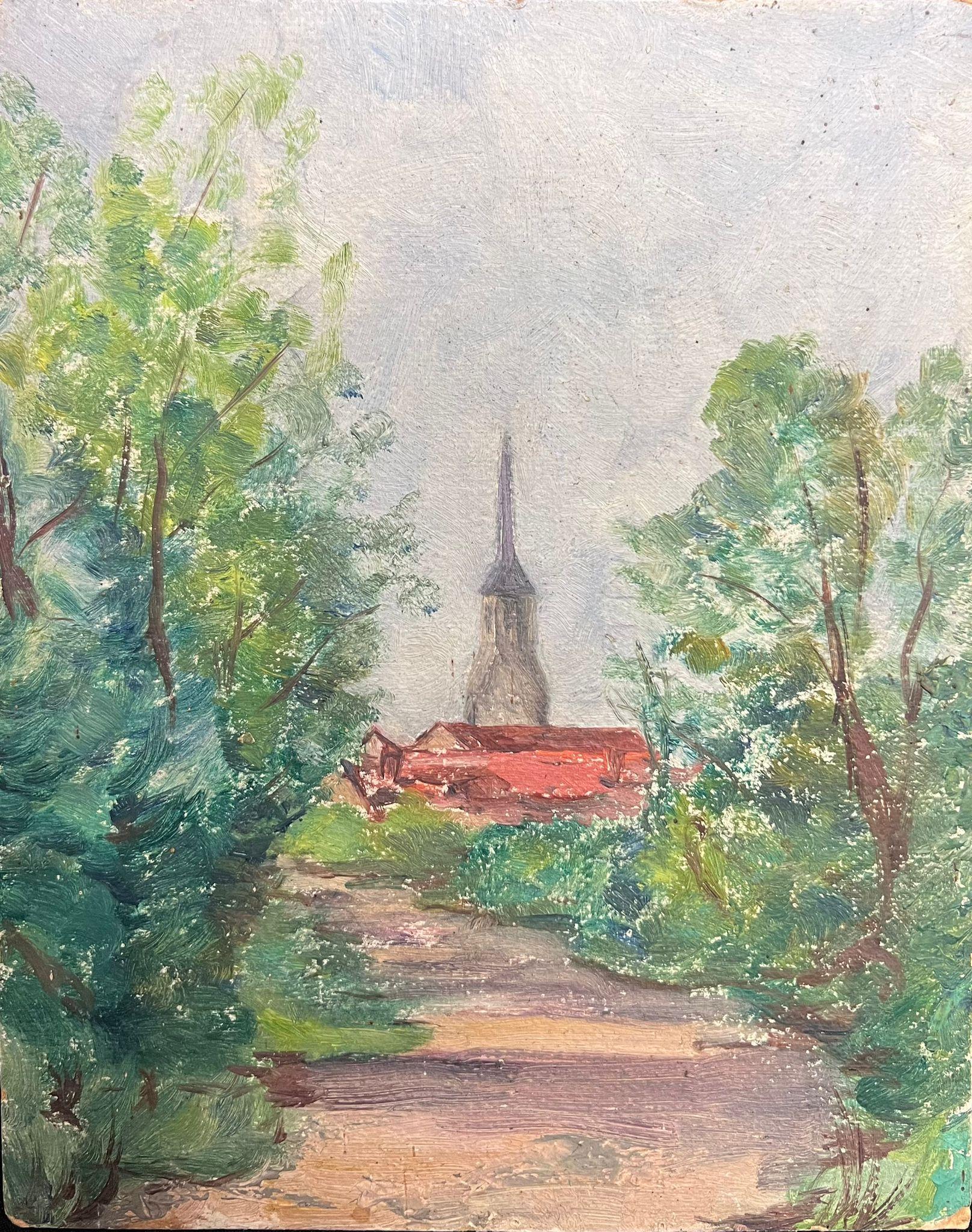 Regine David Landscape Painting - Mid 20th Century French Oil A Village Steeple Framed by Verdant Trees
