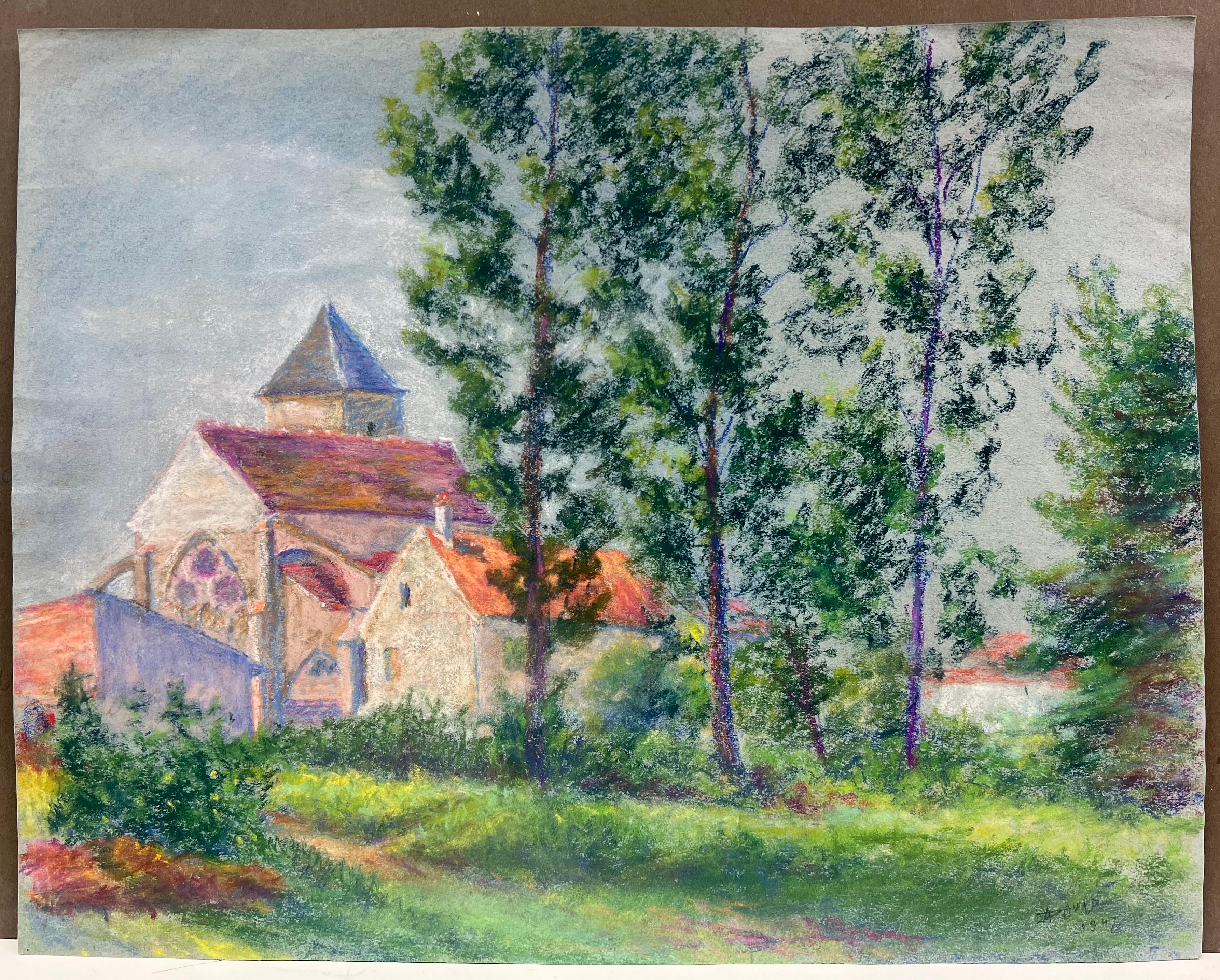 Mid 20th Century French Pastel Landscape of a Village Church Among Trees - Painting by Regine David