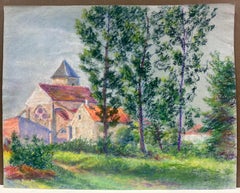 Mid 20th Century French Pastel Landscape of a Village Church Among Trees