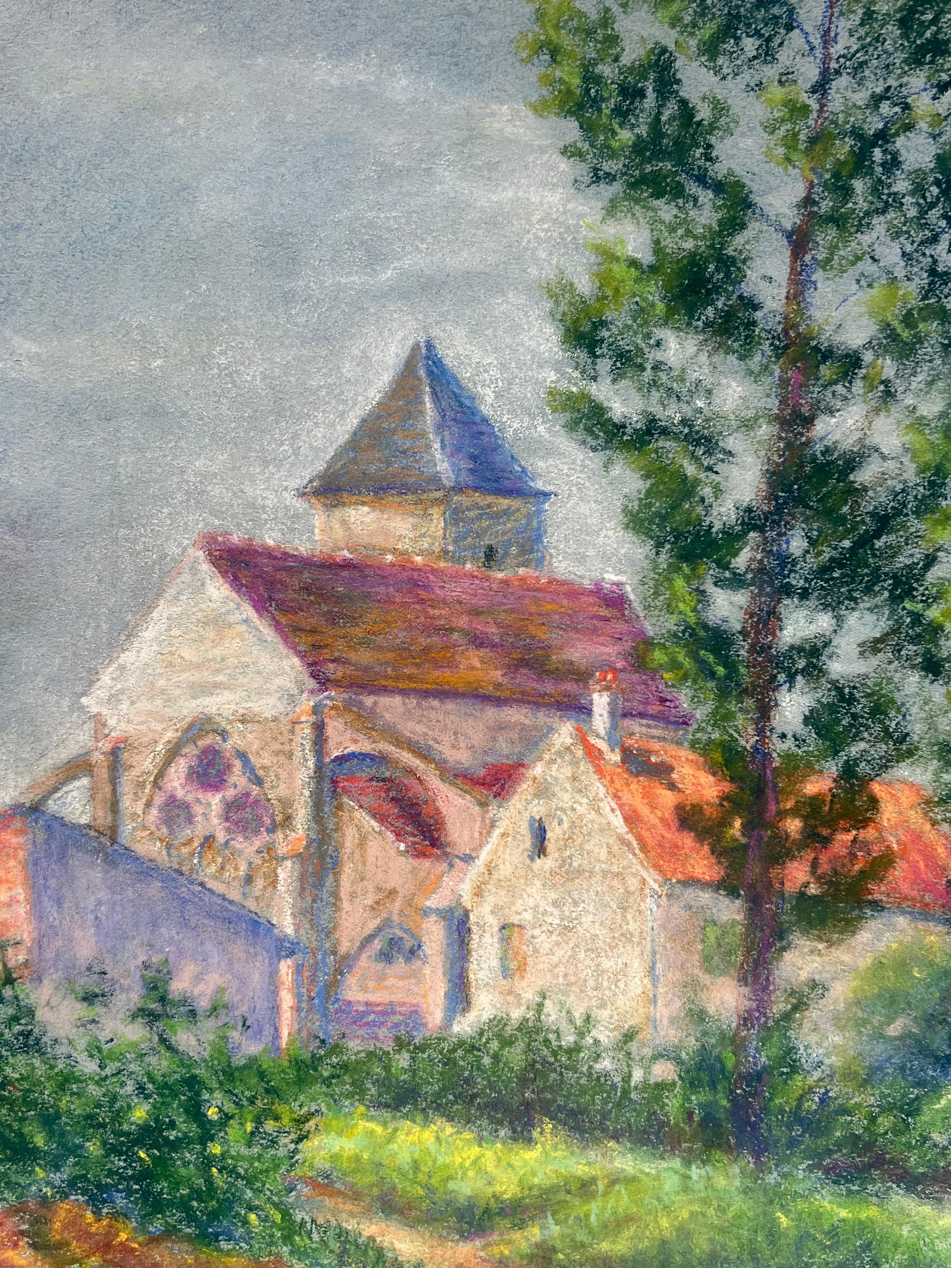 Mid 20th Century French Pastel Landscape of a Village Church Among Trees - Post-Impressionist Painting by Regine David