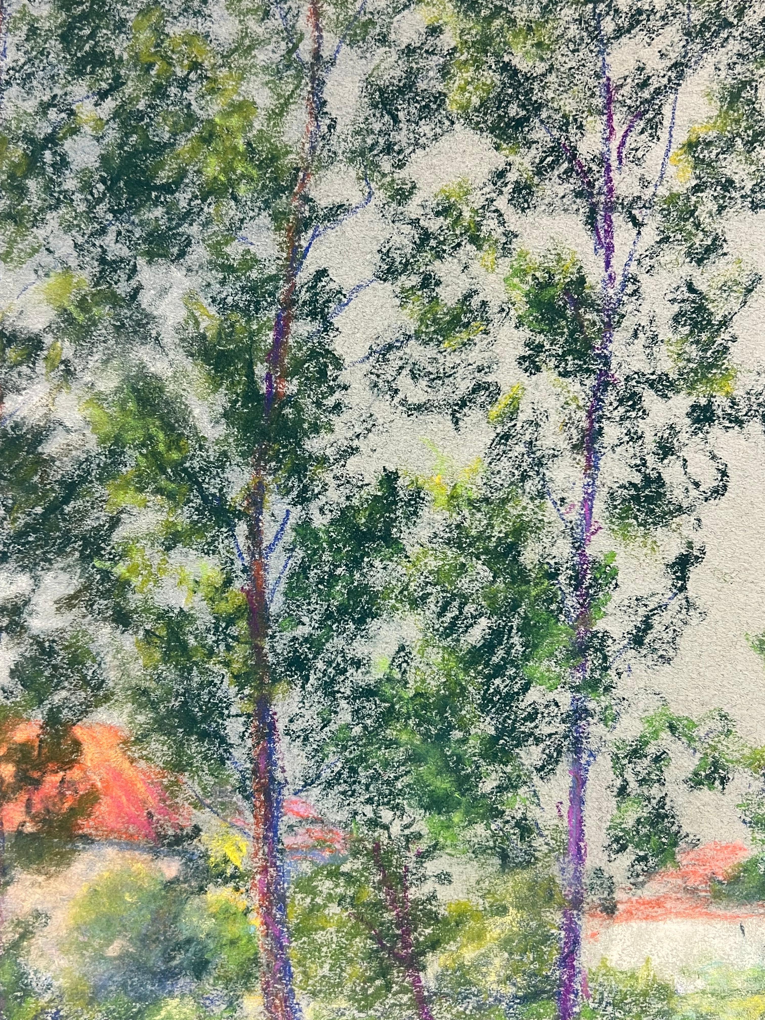Mid 20th Century French Pastel Landscape of a Village Church Among Trees - Gray Landscape Painting by Regine David