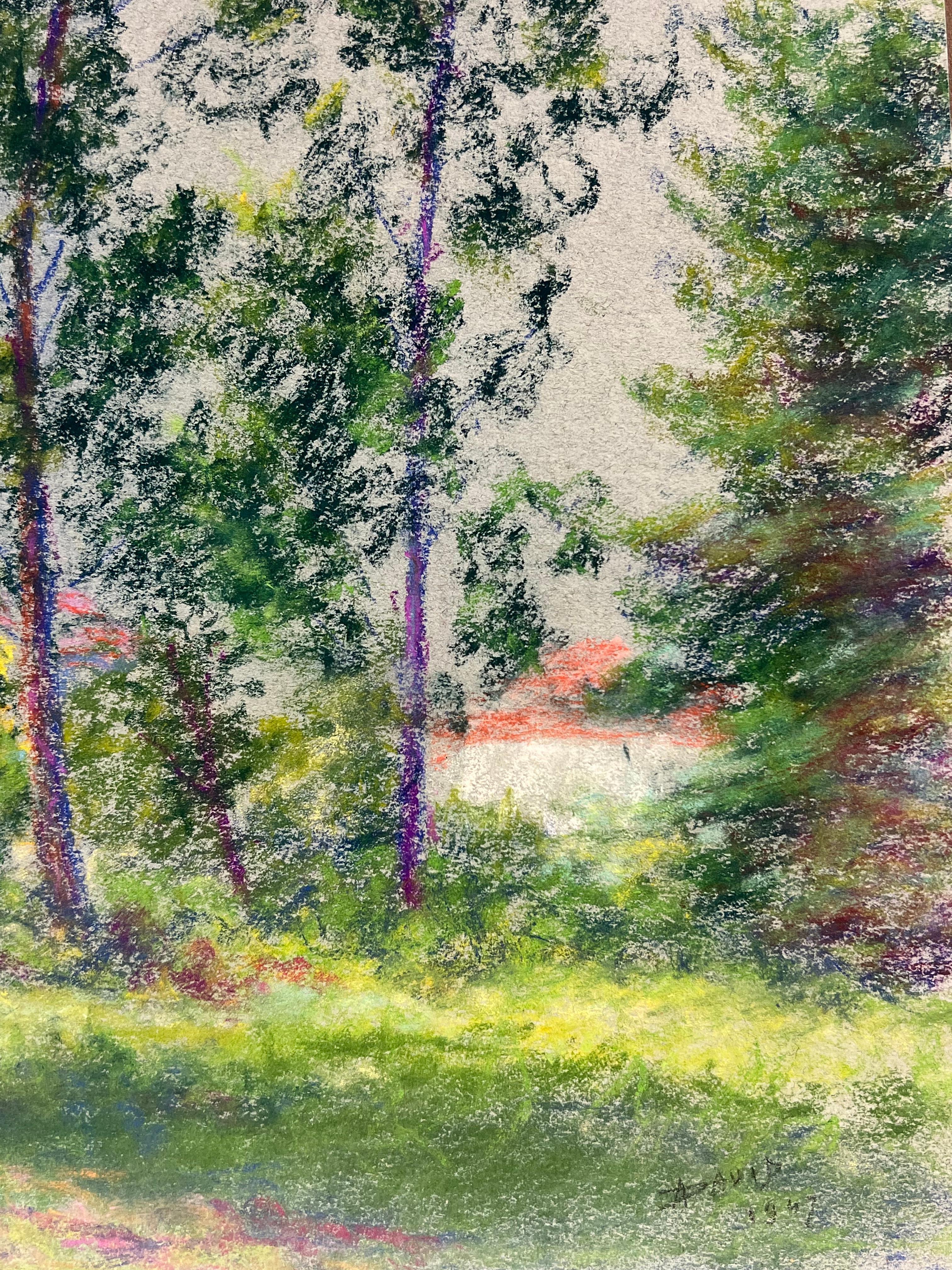 Village Church Among Trees
by Regine David (female French artist, 1910-2018)
pastel painting on artist paper
dated 1967
painting: 12.5 x 16 inches
inscribed verso
condition: This painting is in excellent condition, with vibrant colors and