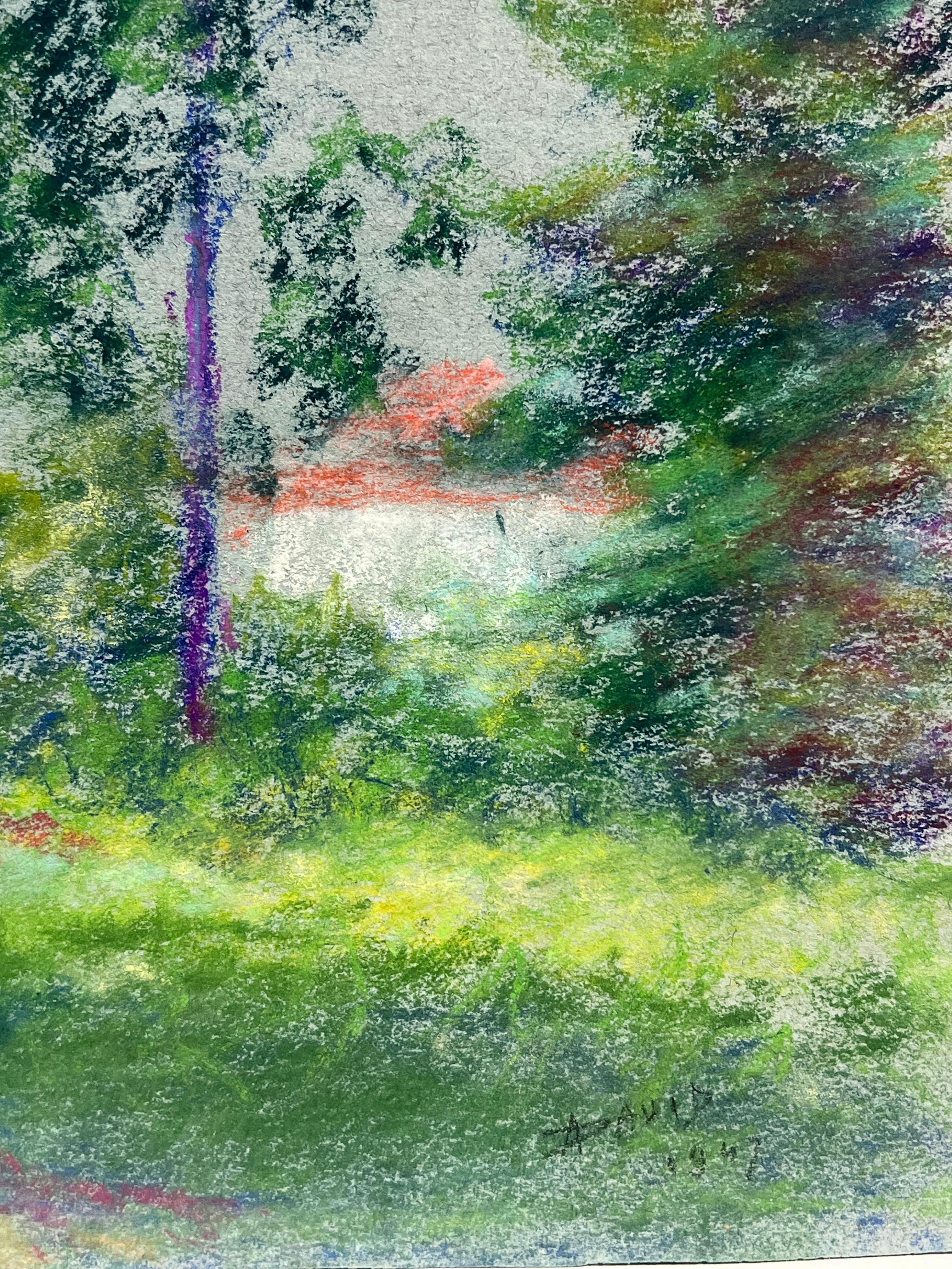 Mid 20th Century French Pastel Landscape of a Village Church Among Trees For Sale 1